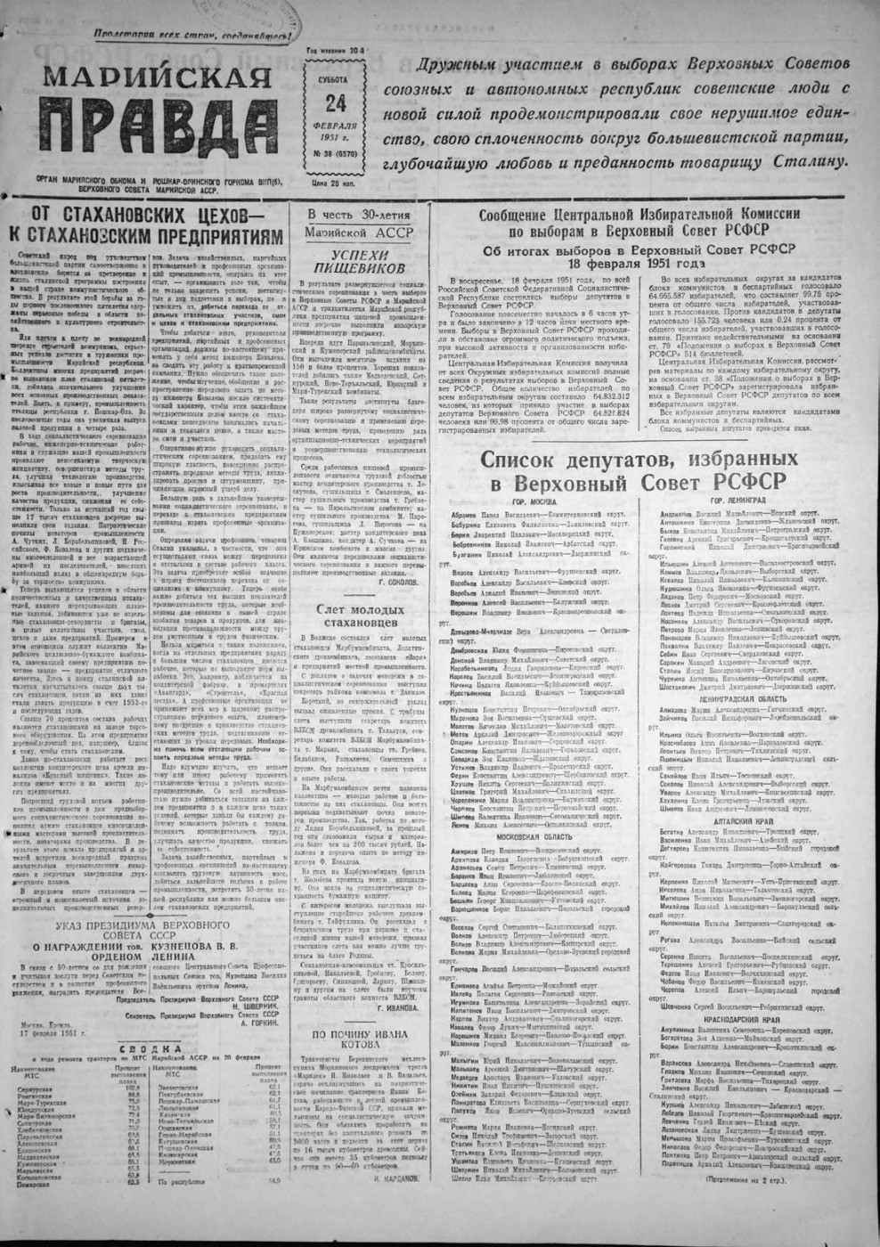 Газета «Марийская правда» от 24.02.1951