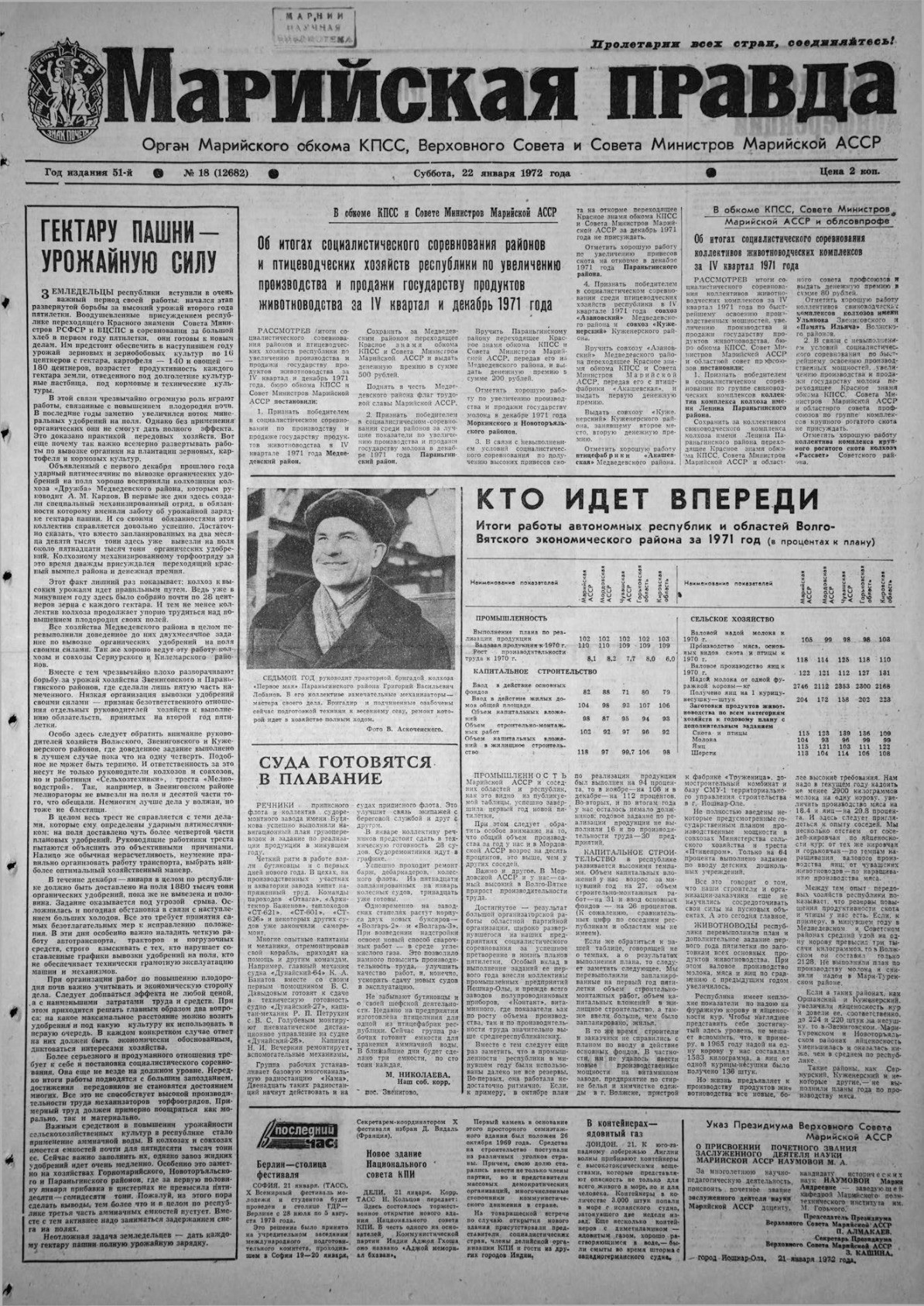 Газета «Марийская правда» от 22.01.1972