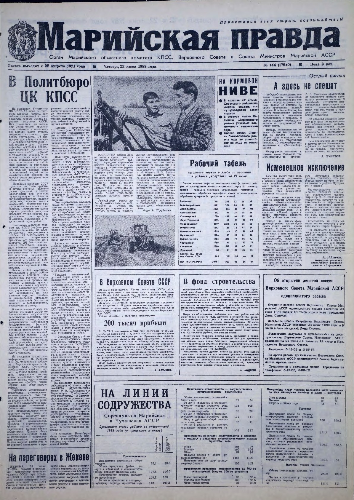 Газета «Марийская правда» от 22.06.1989