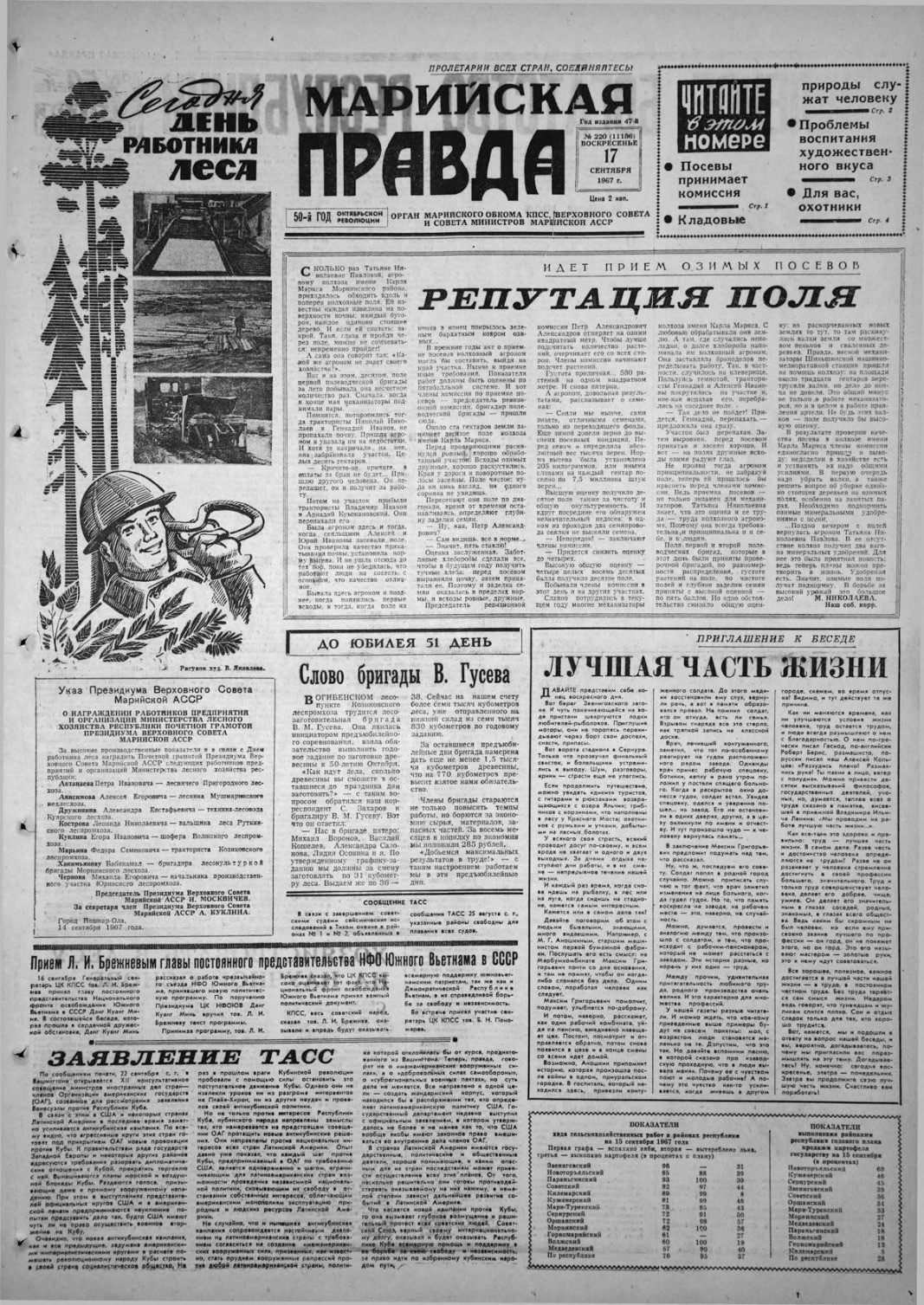 Газета «Марийская правда» от 17.09.1967