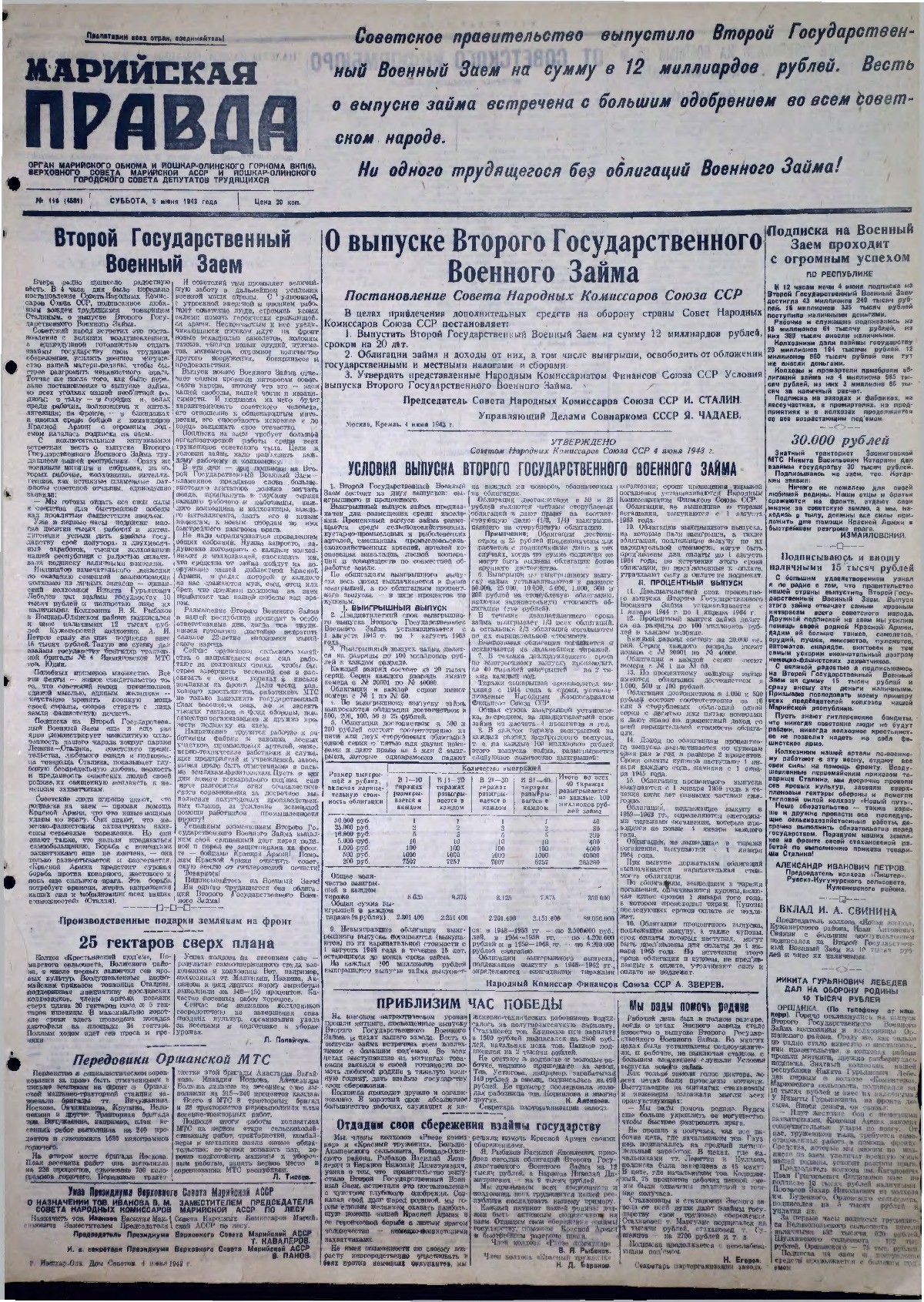 Газета «Марийская правда» от 05.06.1943