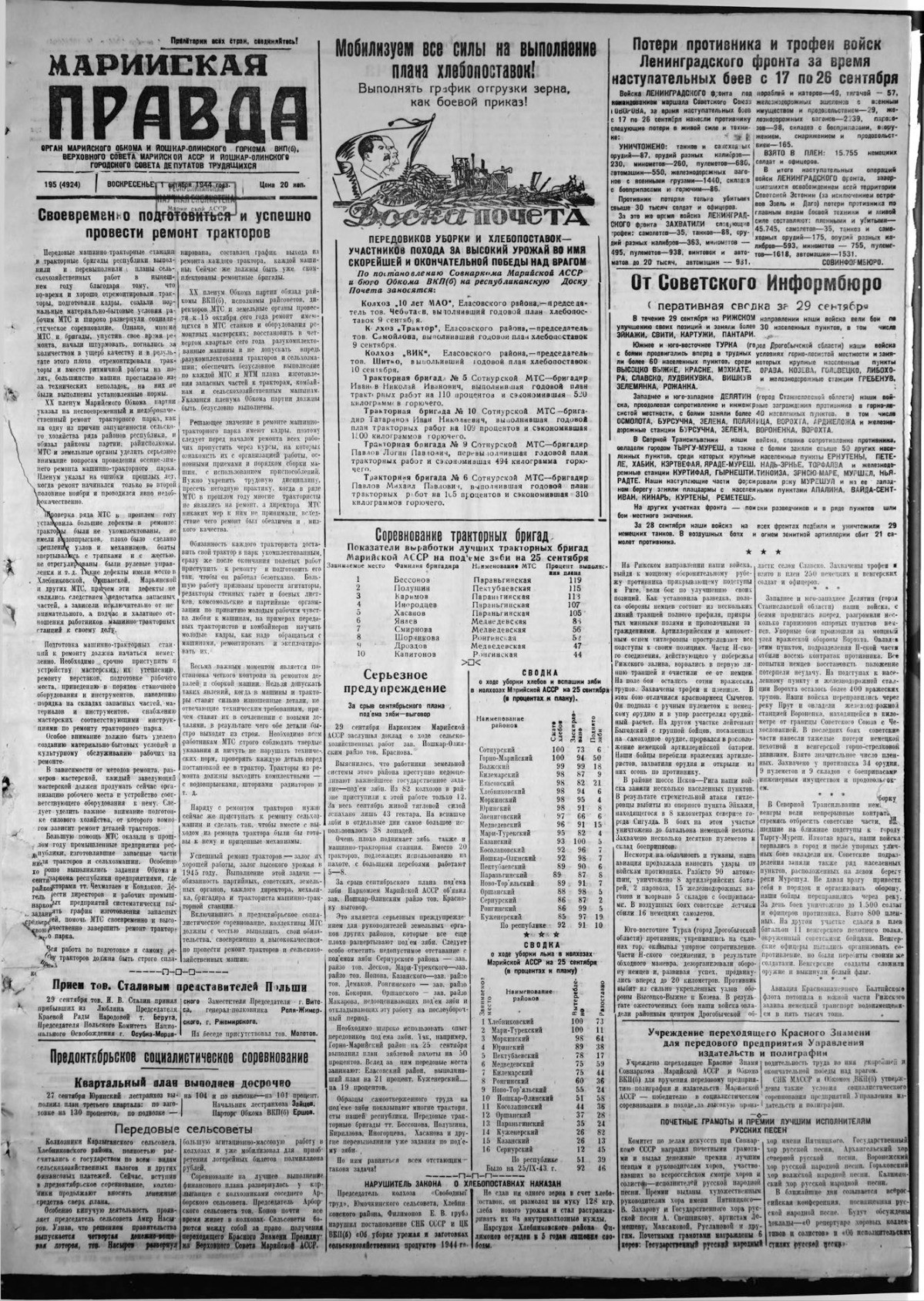 Газета «Марийская правда» от 01.10.1944
