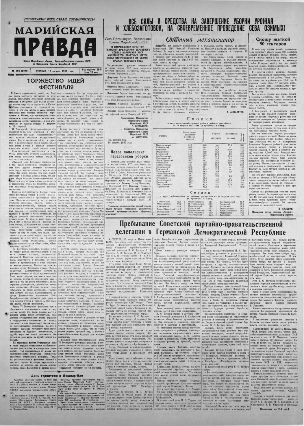 Газета «Марийская правда» от 13.08.1957