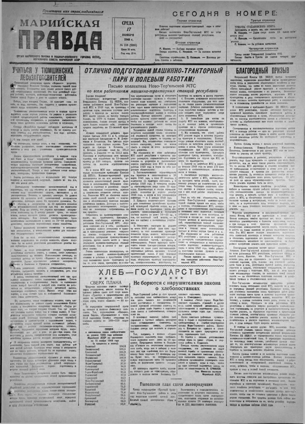 Газета «Марийская правда» от 17.11.1948