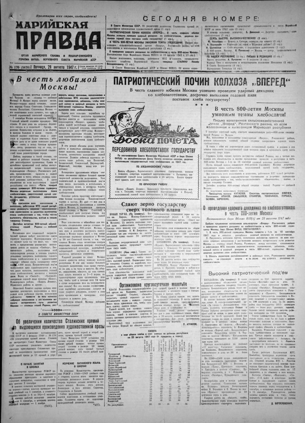 Газета «Марийская правда» от 29.08.1947