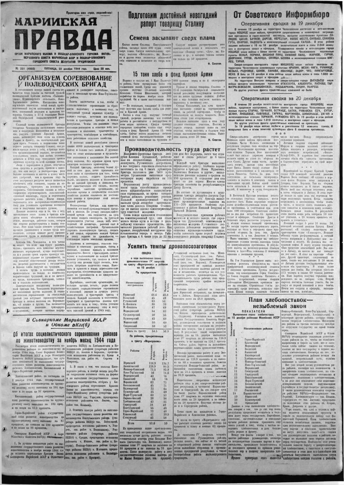 Газета «Марийская правда» от 22.12.1944