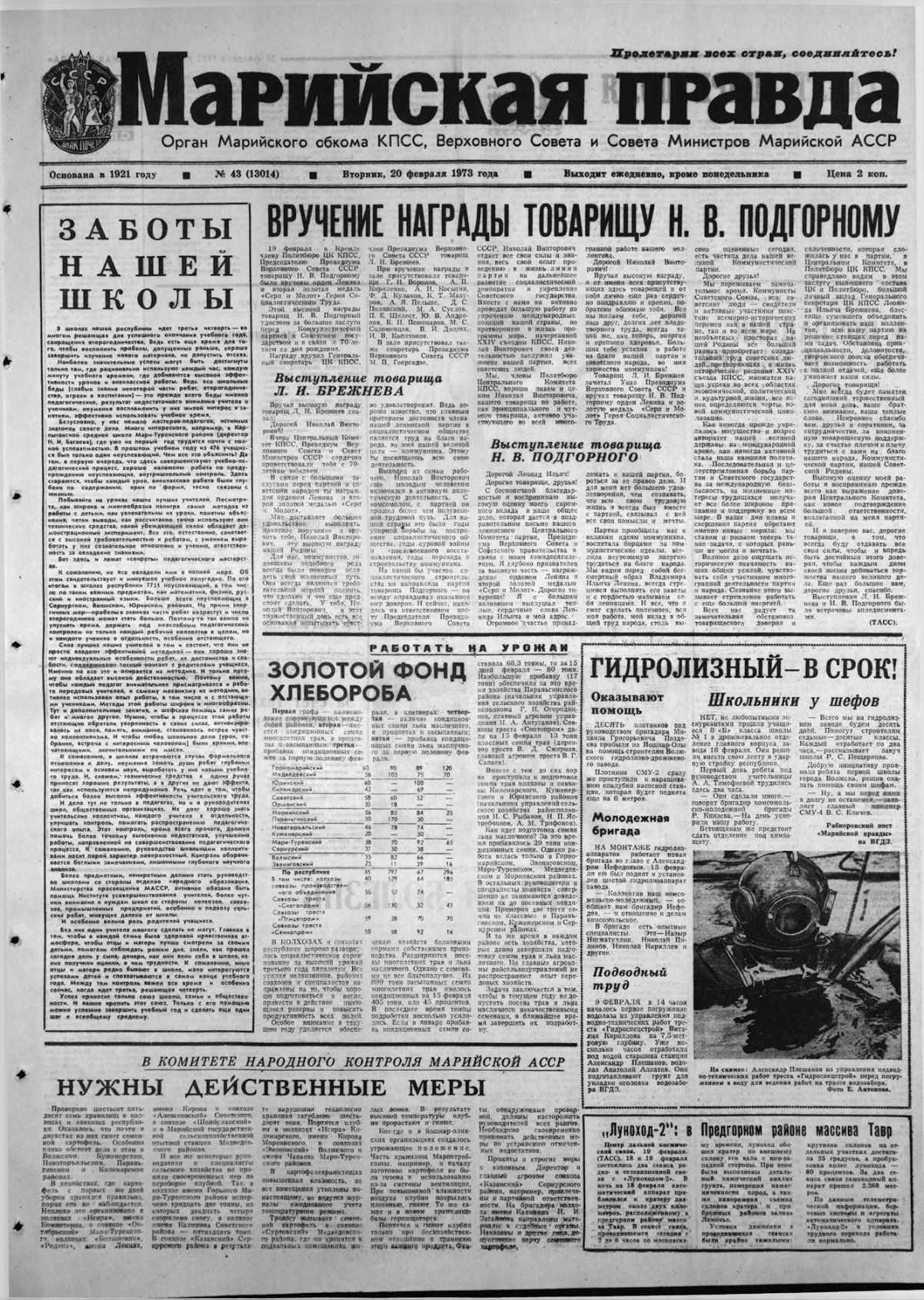 Газета «Марийская правда» от 20.02.1973