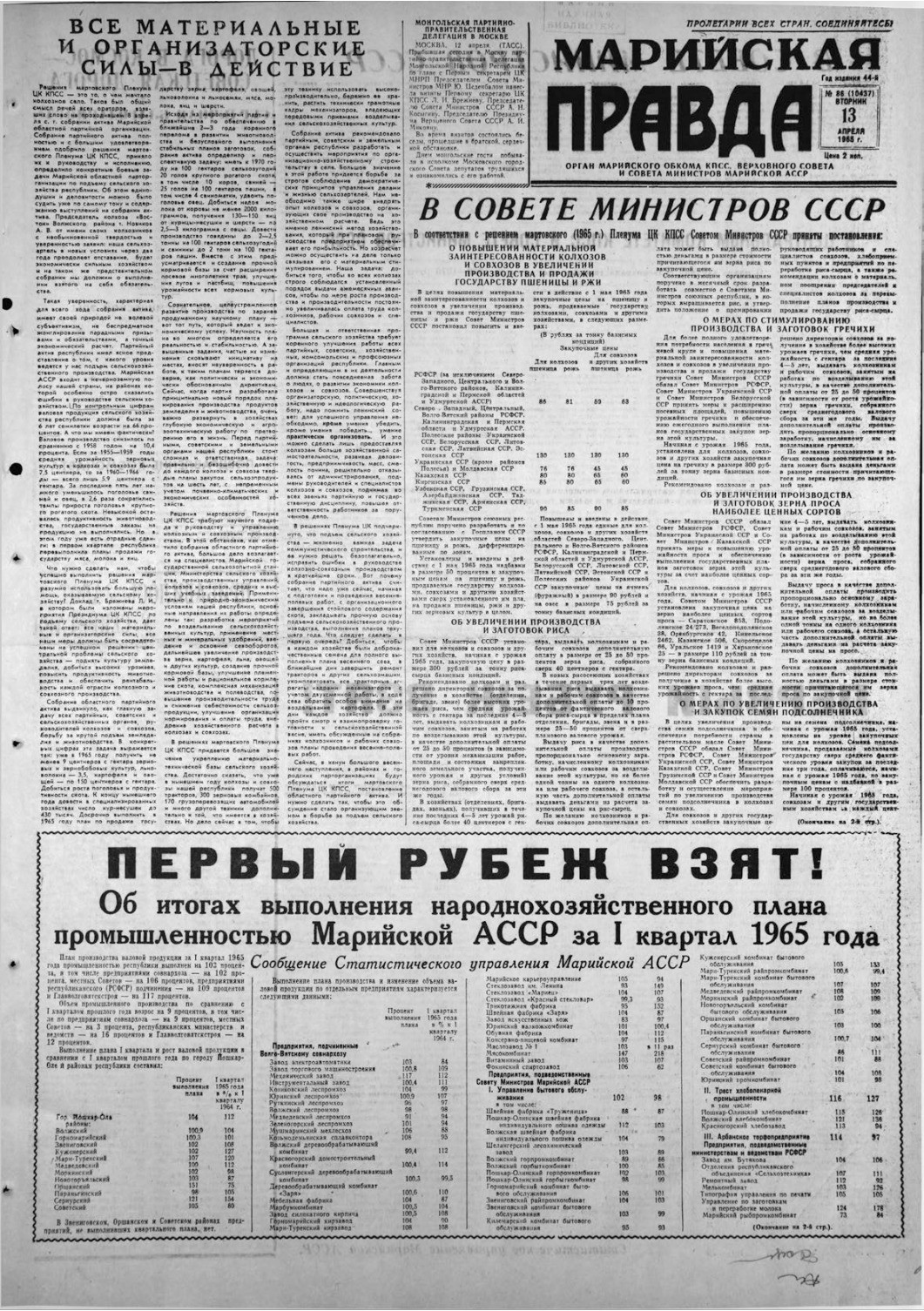 Газета «Марийская правда» от 13.04.1965
