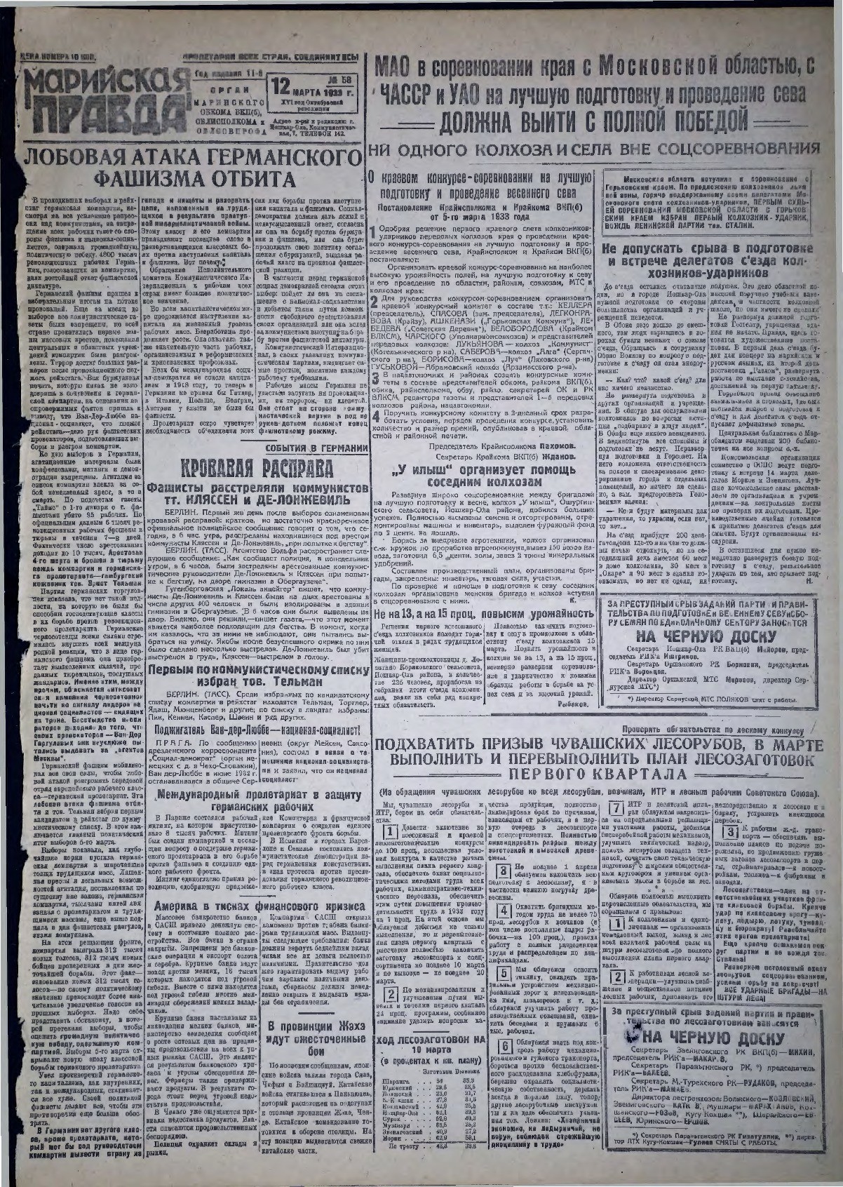 Газета «Марийская правда» от 12.03.1933