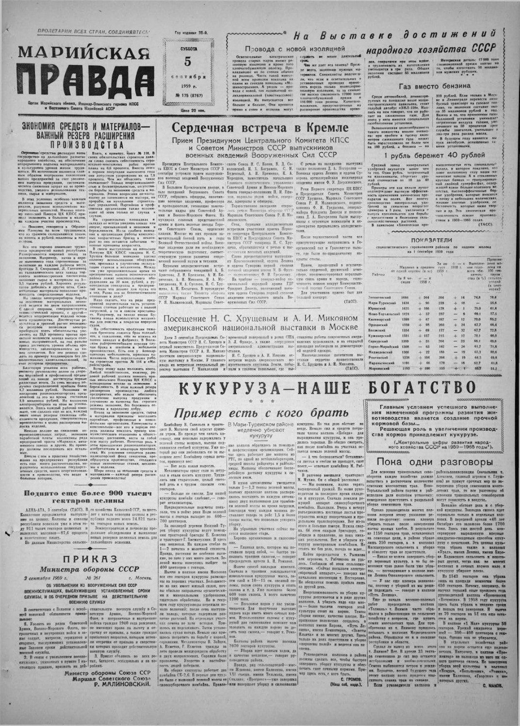 Газета «Марийская правда» от 05.09.1959