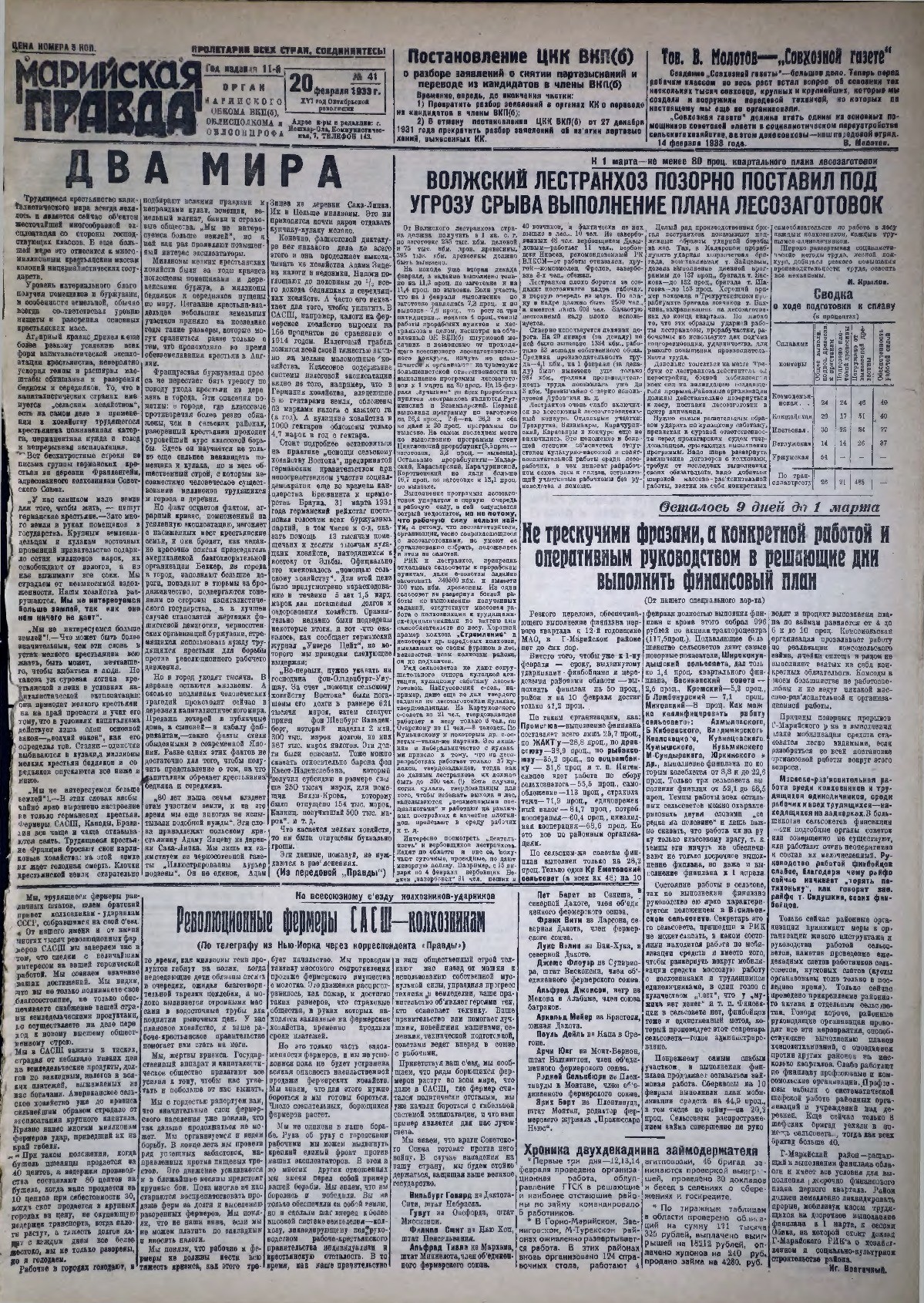 Газета «Марийская правда» от 20.02.1933