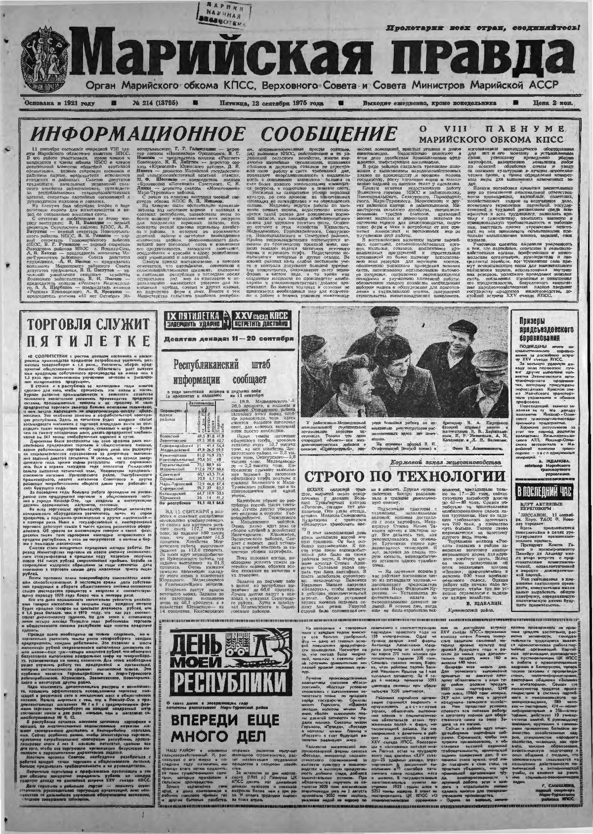 Газета «Марийская правда» от 12.09.1975