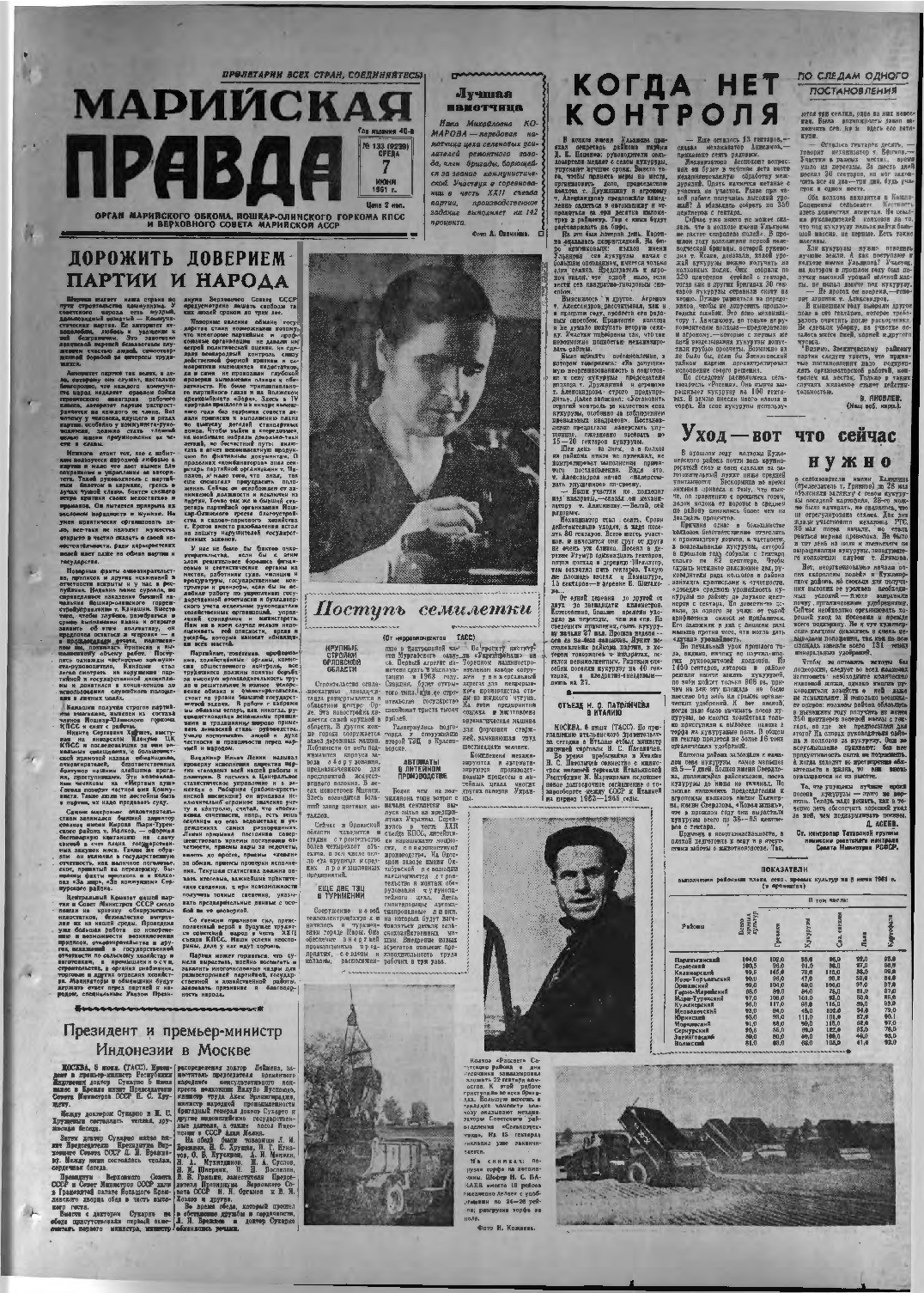 Газета «Марийская правда» от 07.06.1961