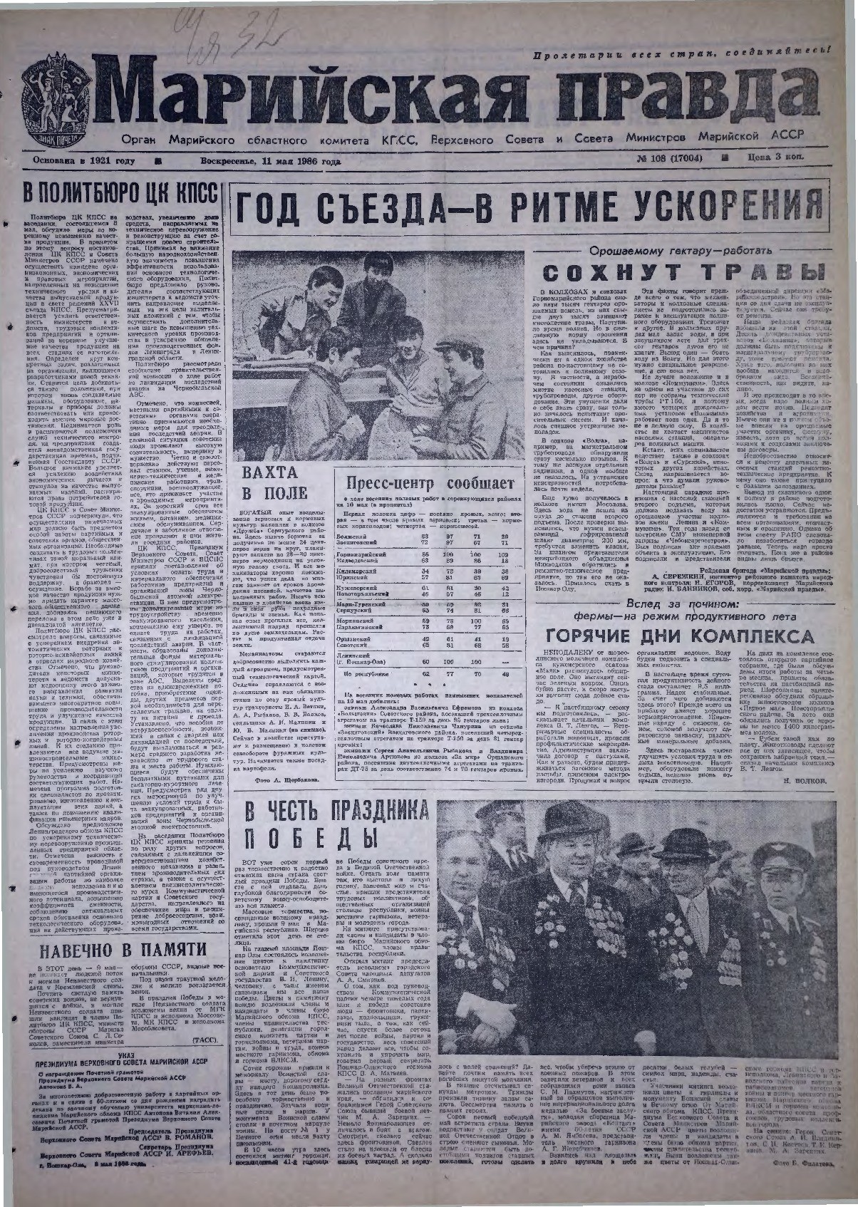 Газета «Марийская правда» от 11.05.1986
