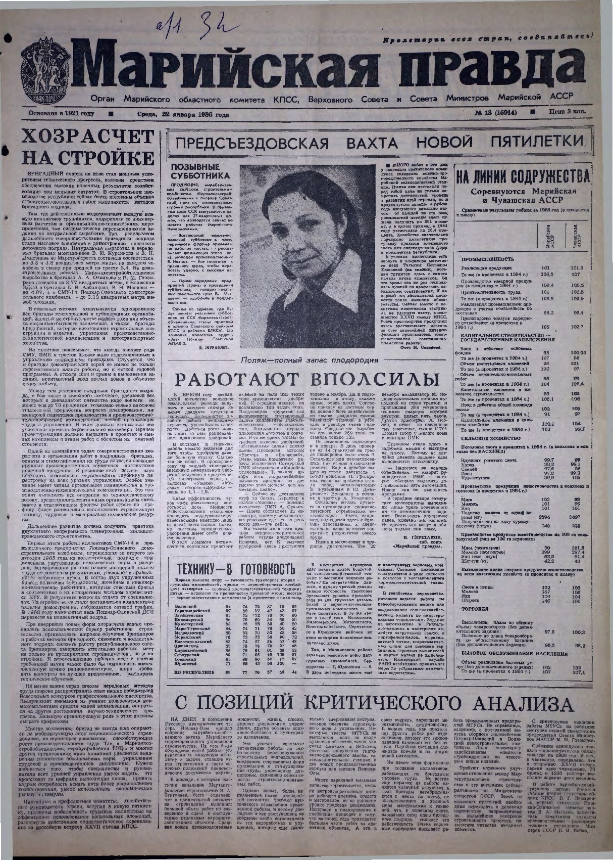 Газета «Марийская правда» от 22.01.1986