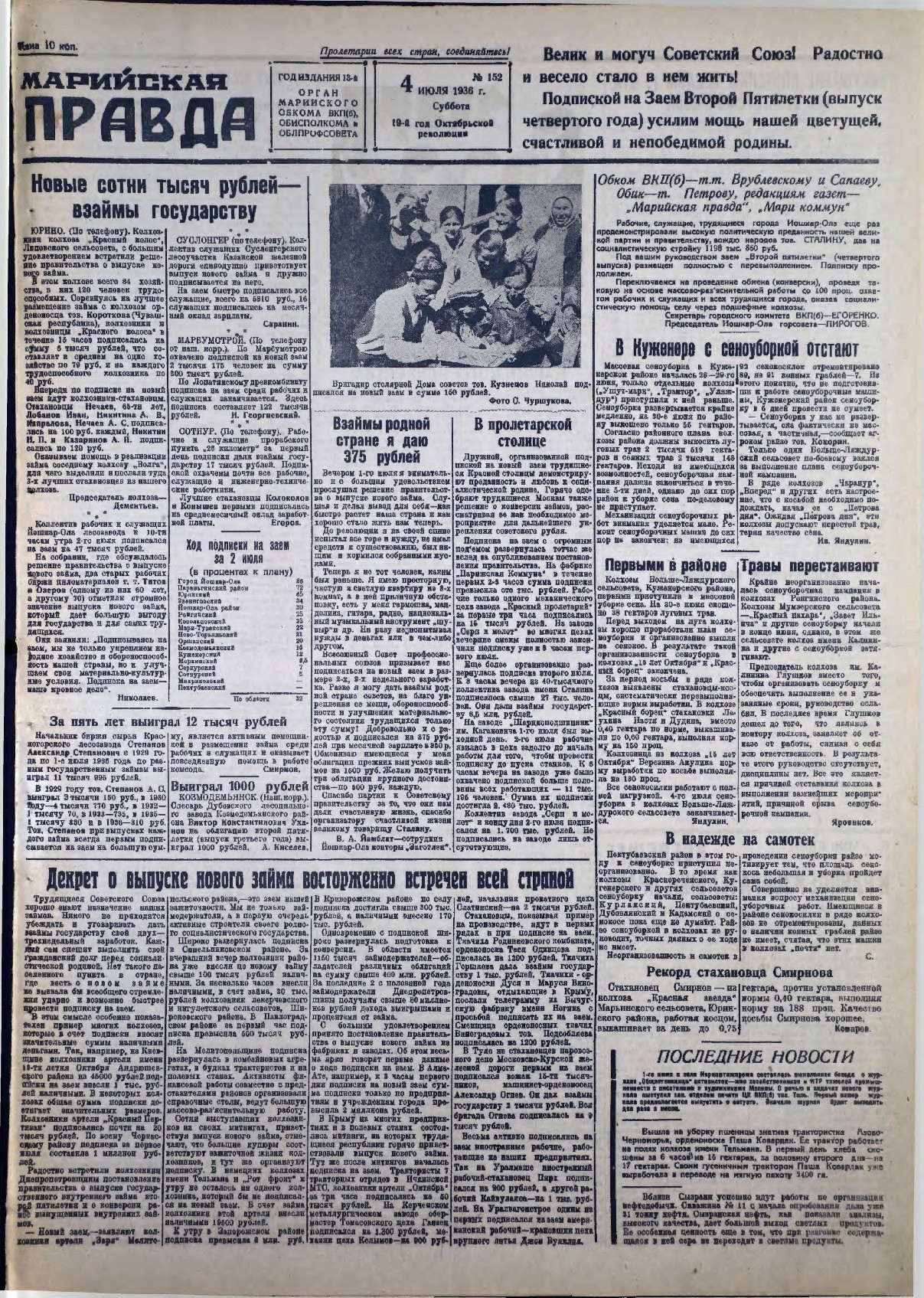 Газета «Марийская правда» от 04.07.1936