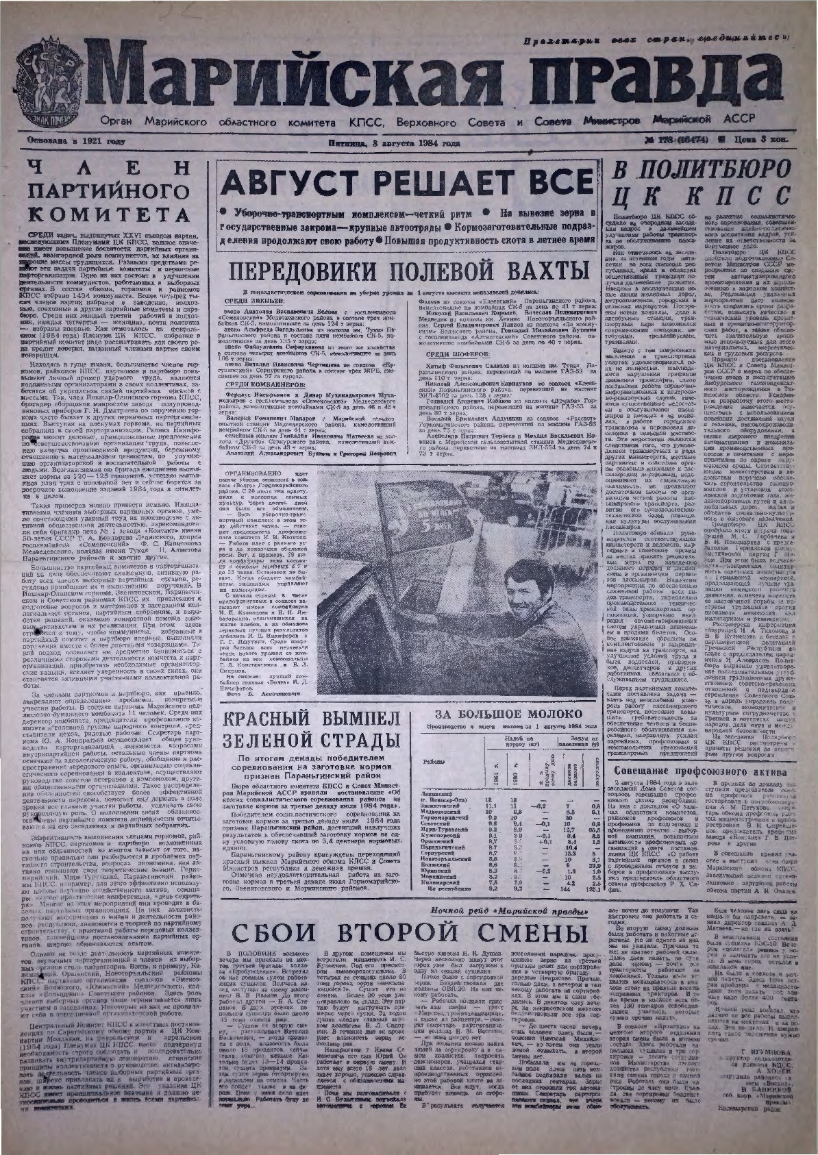 Газета «Марийская правда» от 03.08.1984