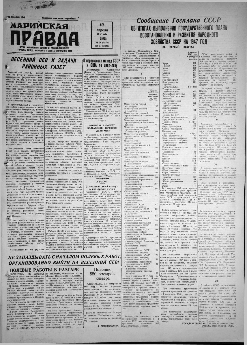 Газета «Марийская правда» от 16.04.1947