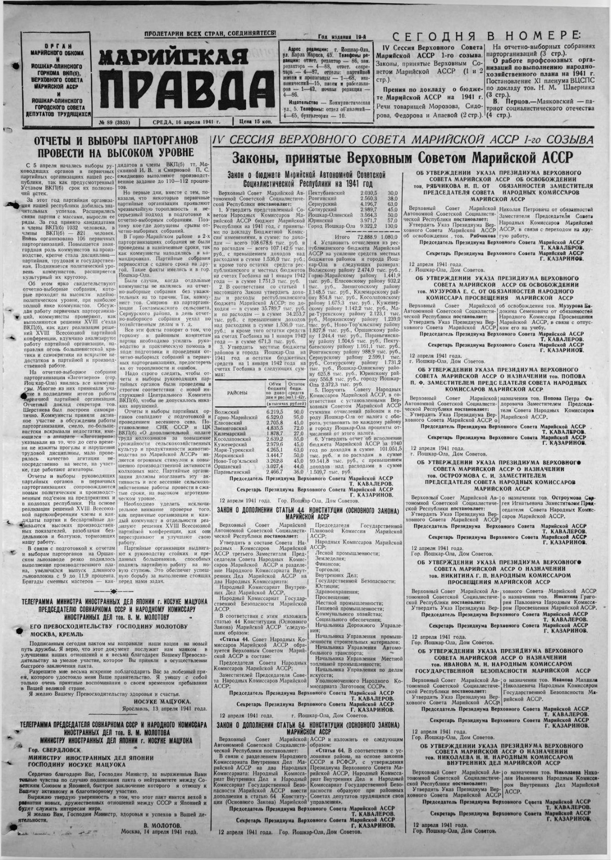 Газета «Марийская правда» от 16.04.1941
