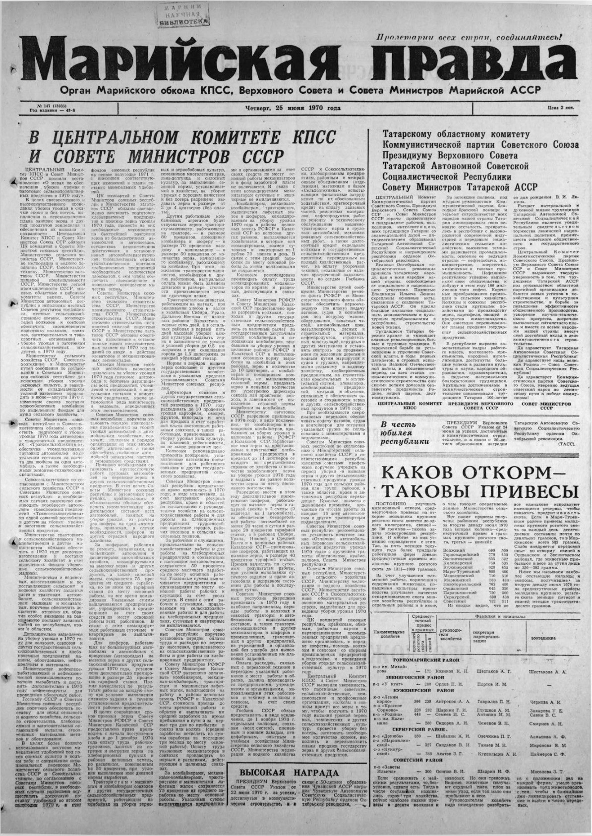 Газета «Марийская правда» от 25.06.1970