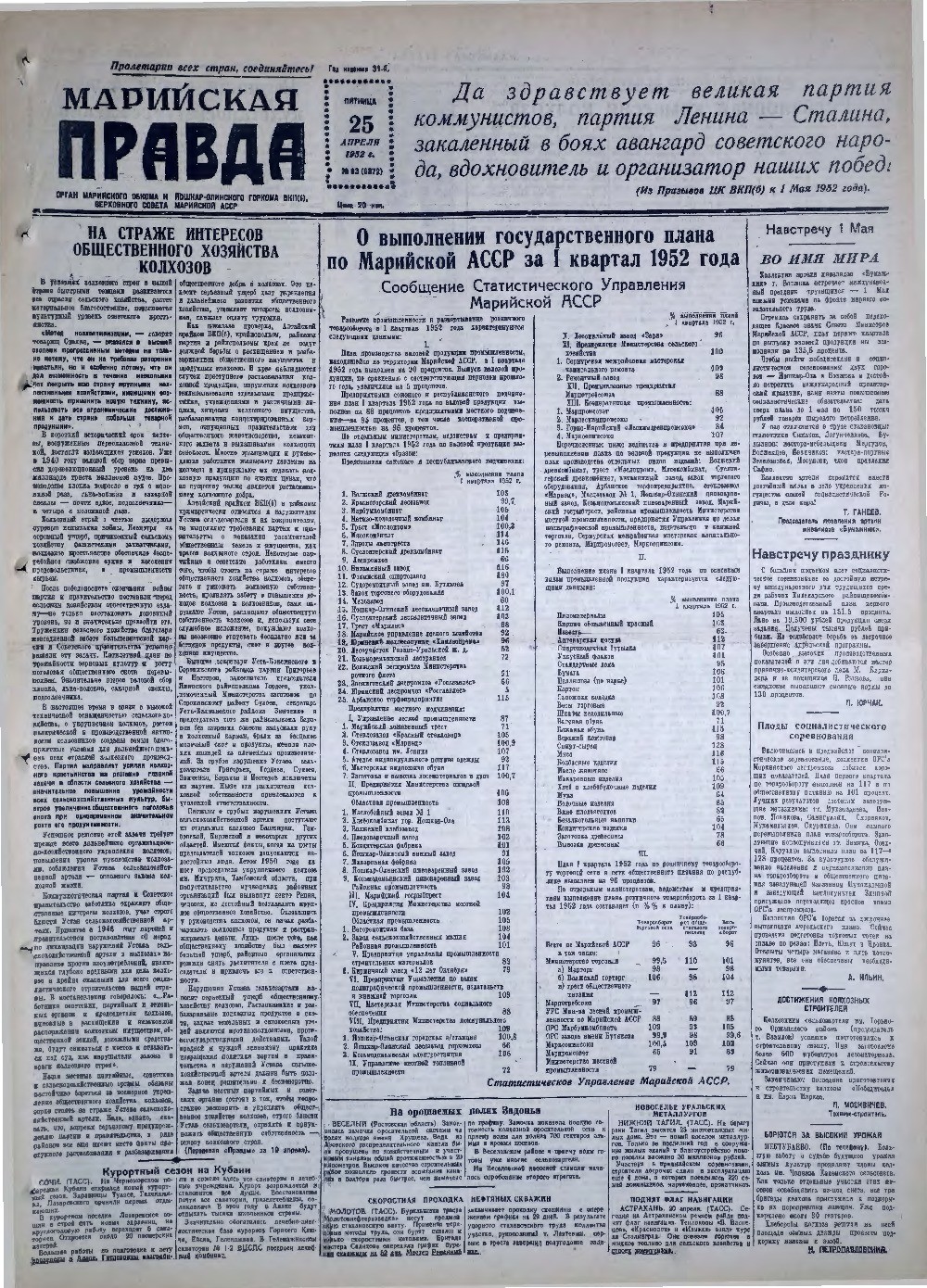 Газета «Марийская правда» от 25.04.1952