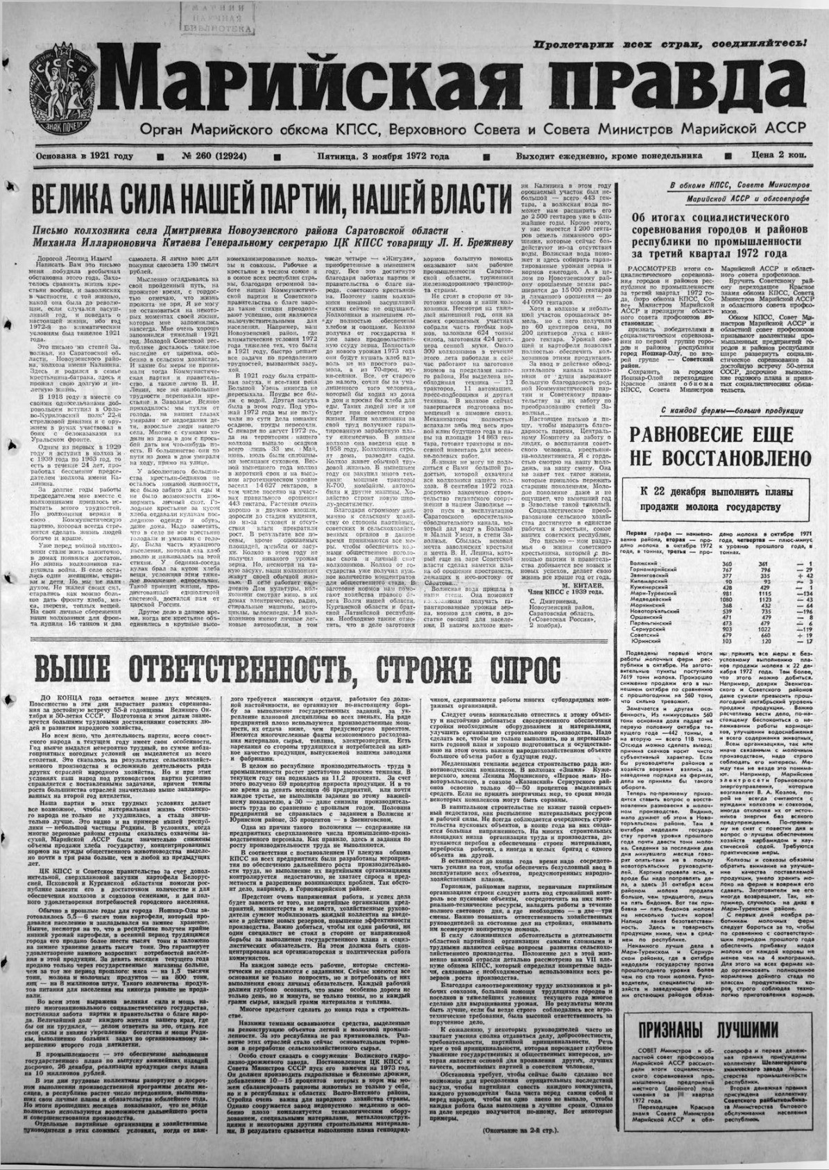 Газета «Марийская правда» от 03.11.1972