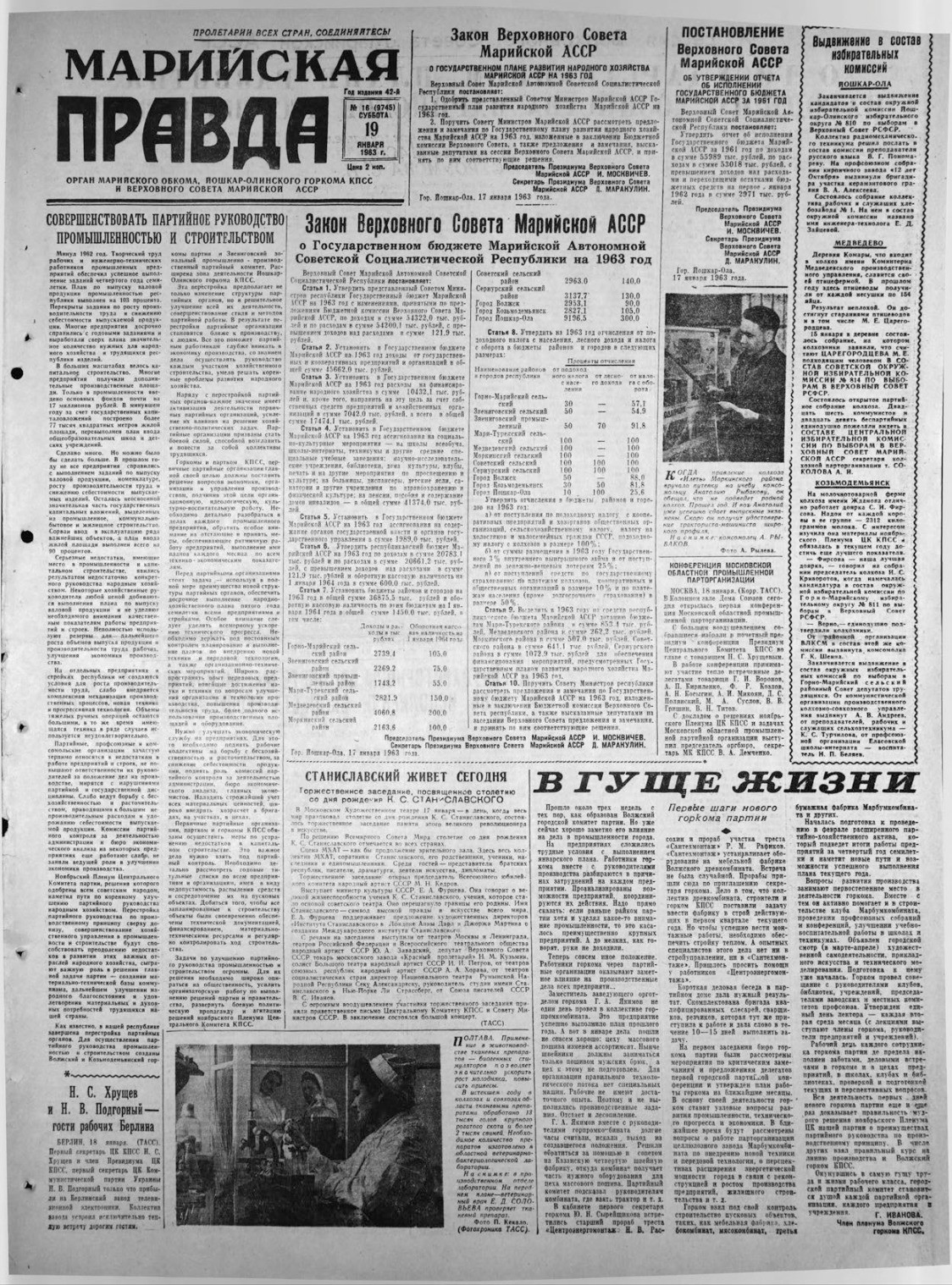 Газета «Марийская правда» от 19.01.1963