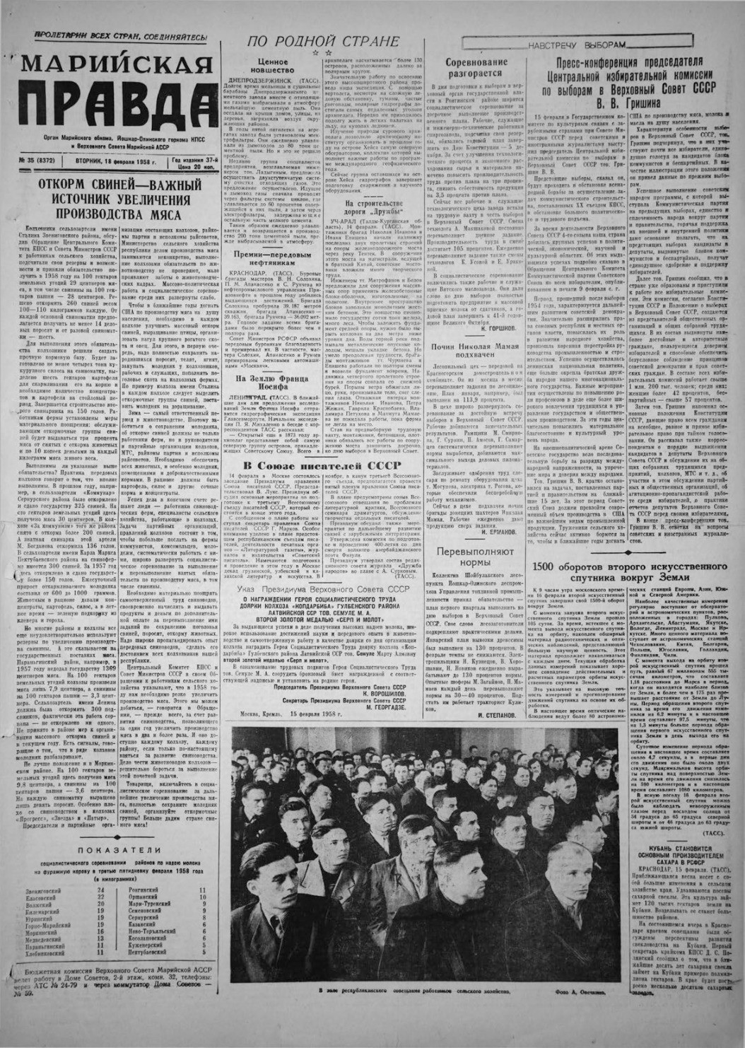 Газета «Марийская правда» от 18.02.1958