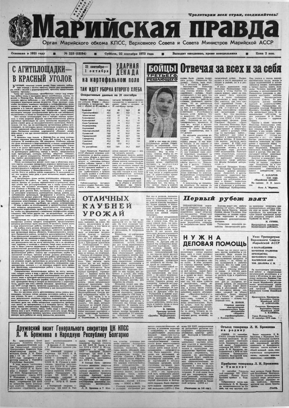 Газета «Марийская правда» от 22.09.1973