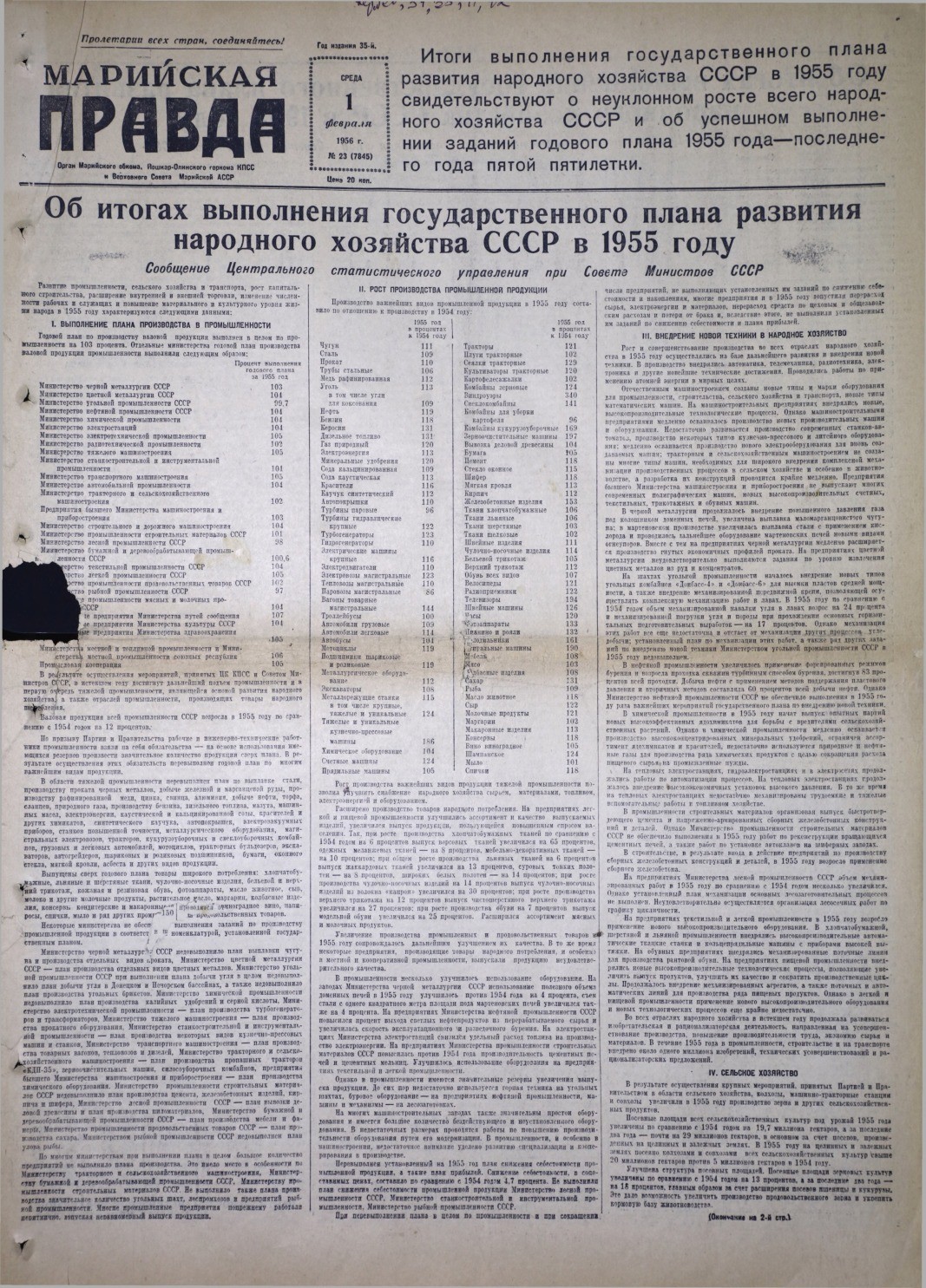 Газета «Марийская правда» от 01.02.1956