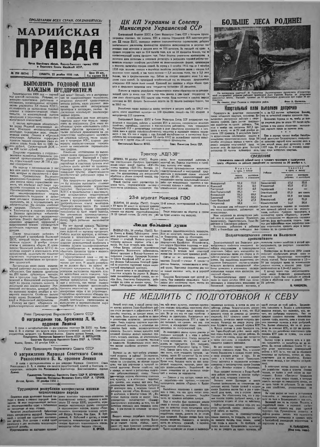 Газета «Марийская правда» от 22.12.1956