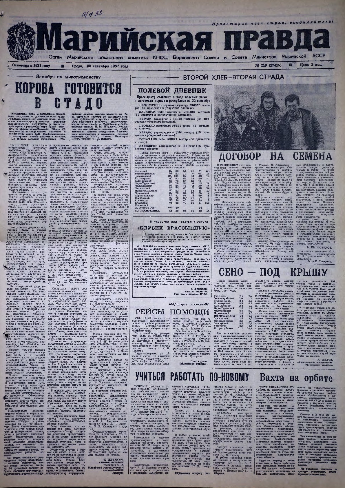 Газета «Марийская правда» от 23.09.1987
