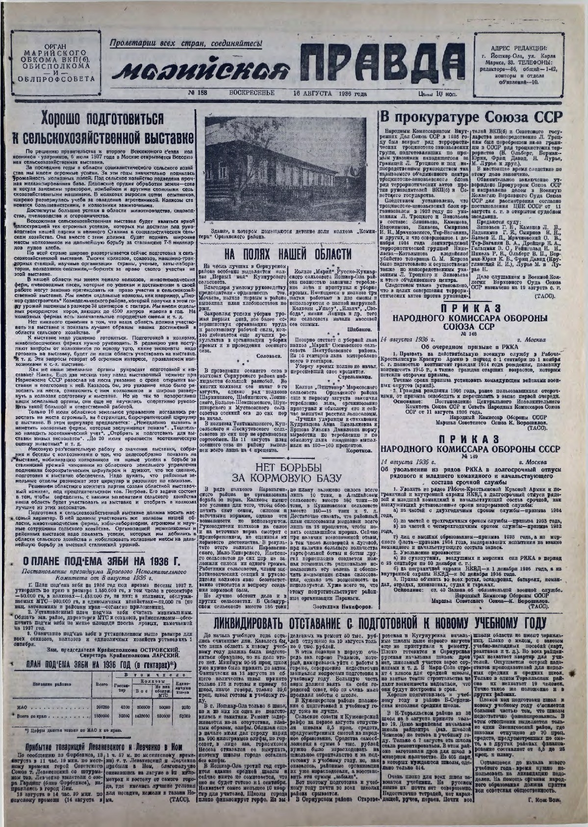 Газета «Марийская правда» от 16.08.1936