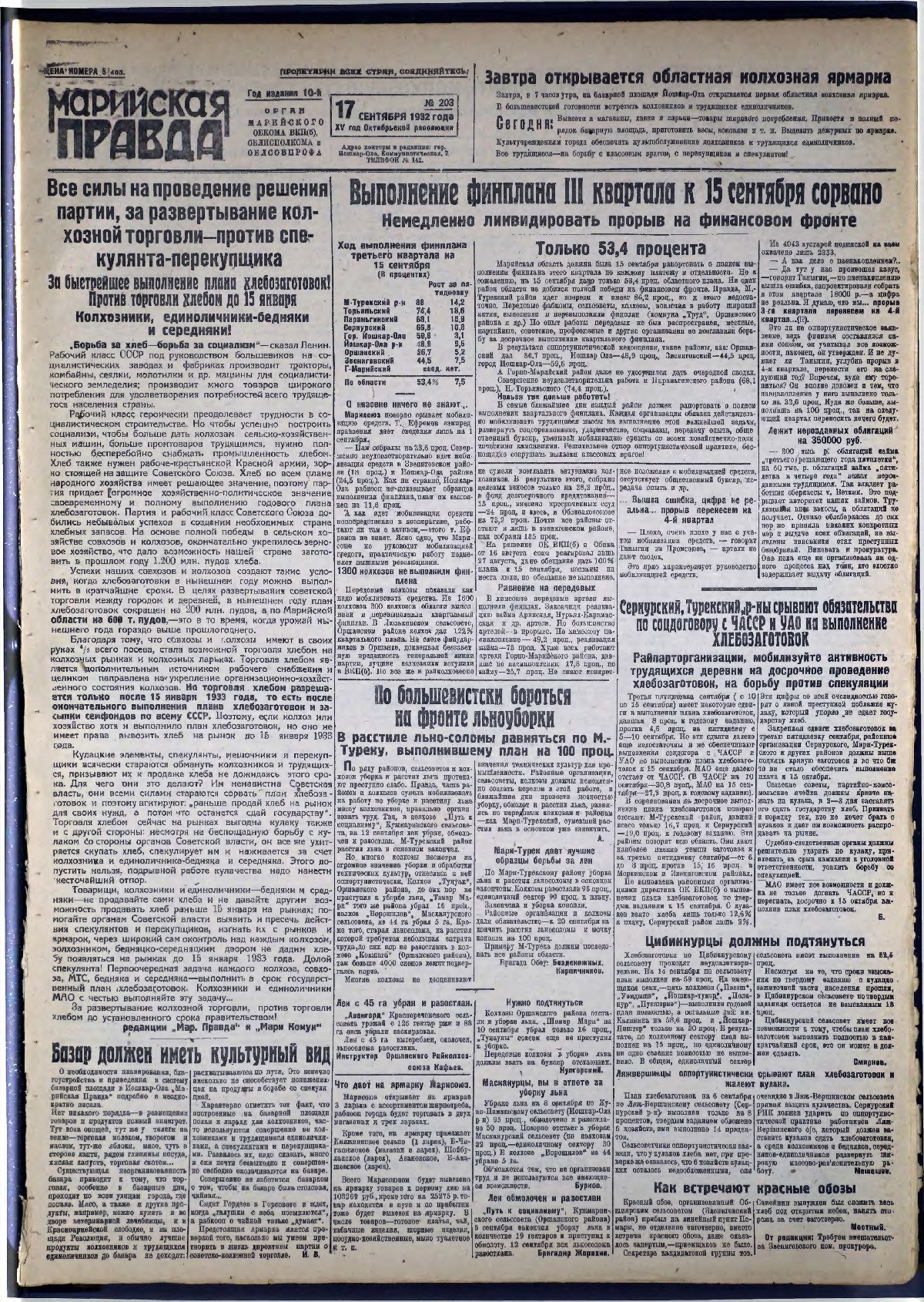 Газета «Марийская правда» от 17.09.1932
