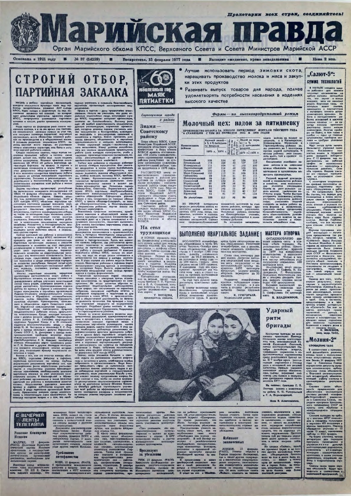 Газета «Марийская правда» от 13.02.1977
