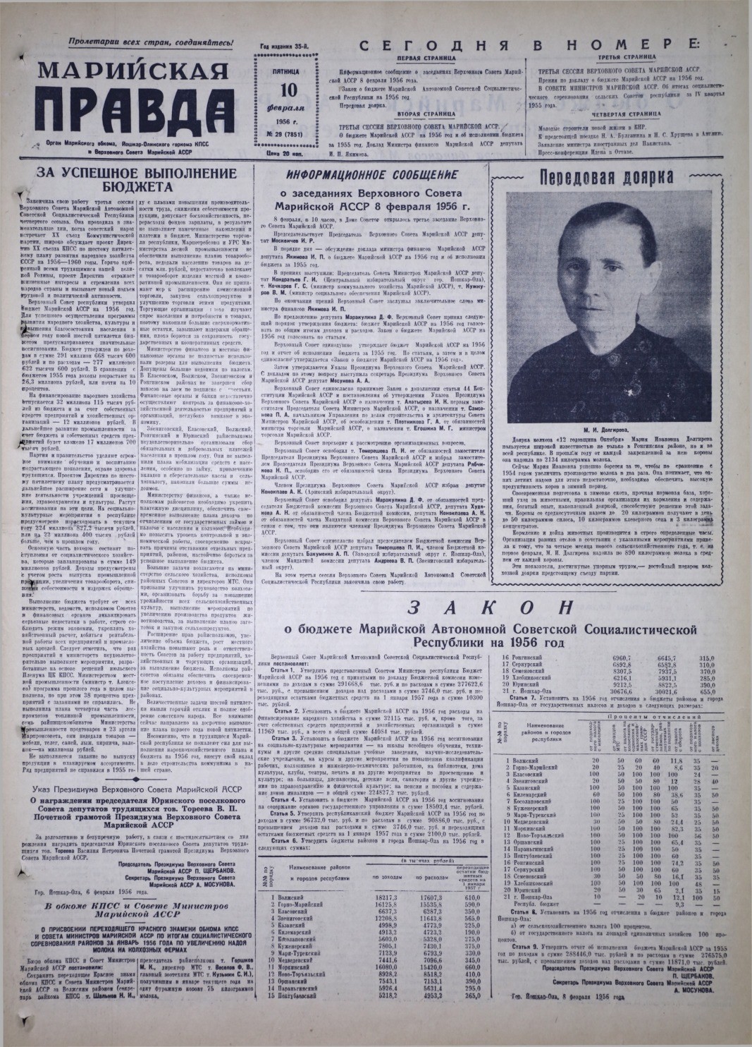 Газета «Марийская правда» от 10.02.1956