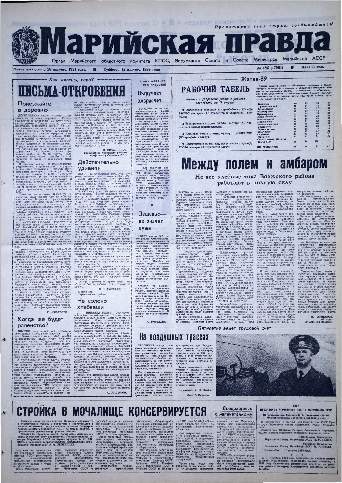 Газета «Марийская правда» от 12.08.1989