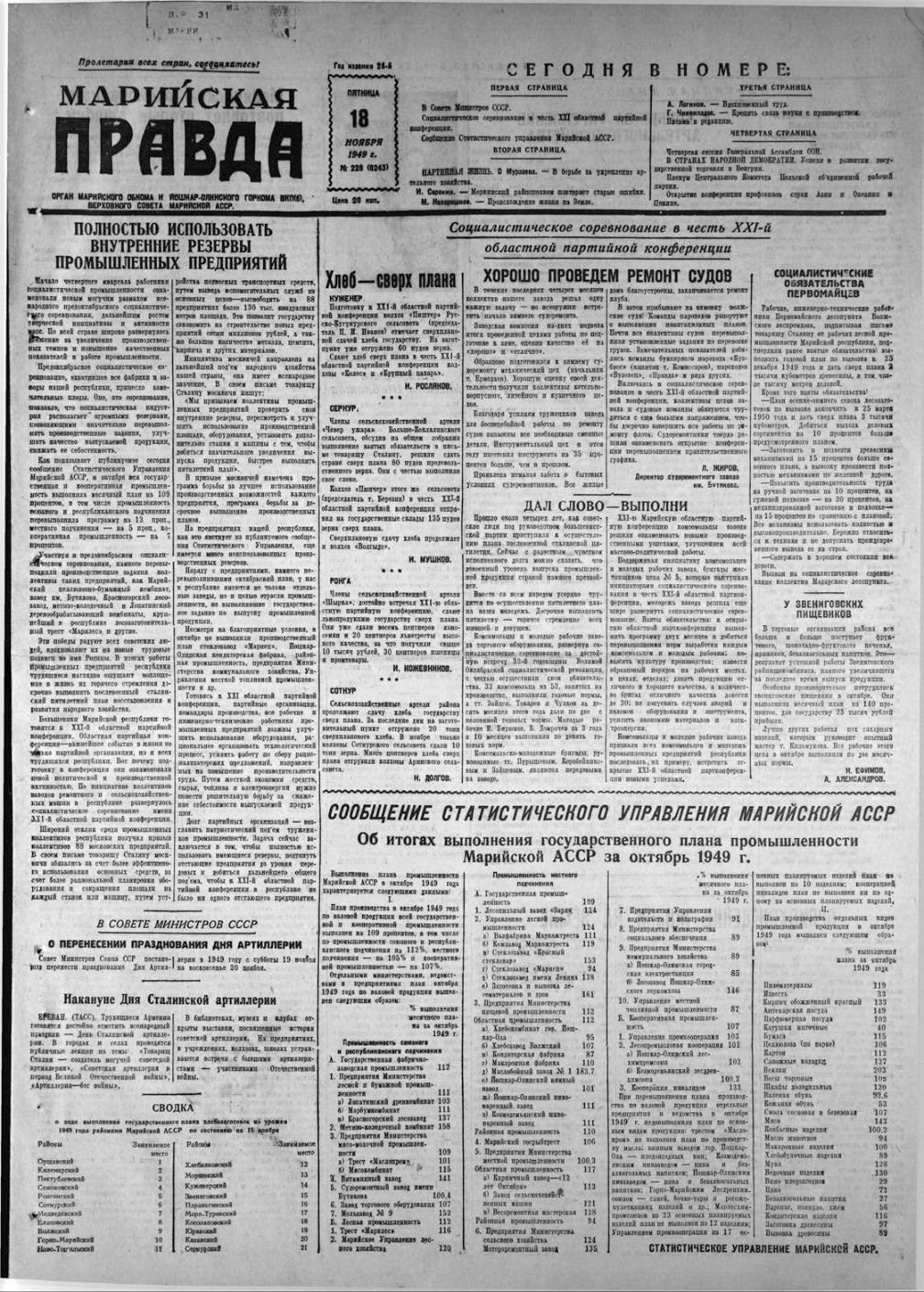 Газета «Марийская правда» от 18.11.1949