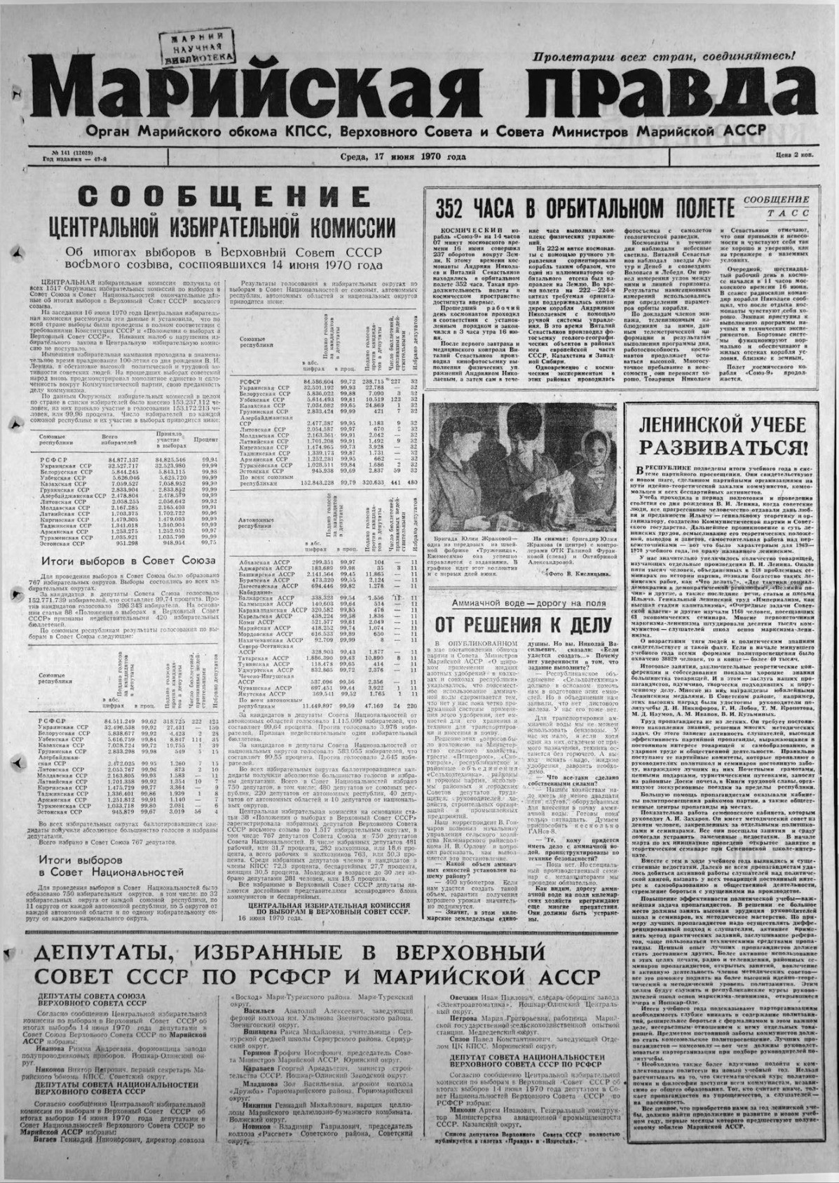 Газета «Марийская правда» от 17.06.1970