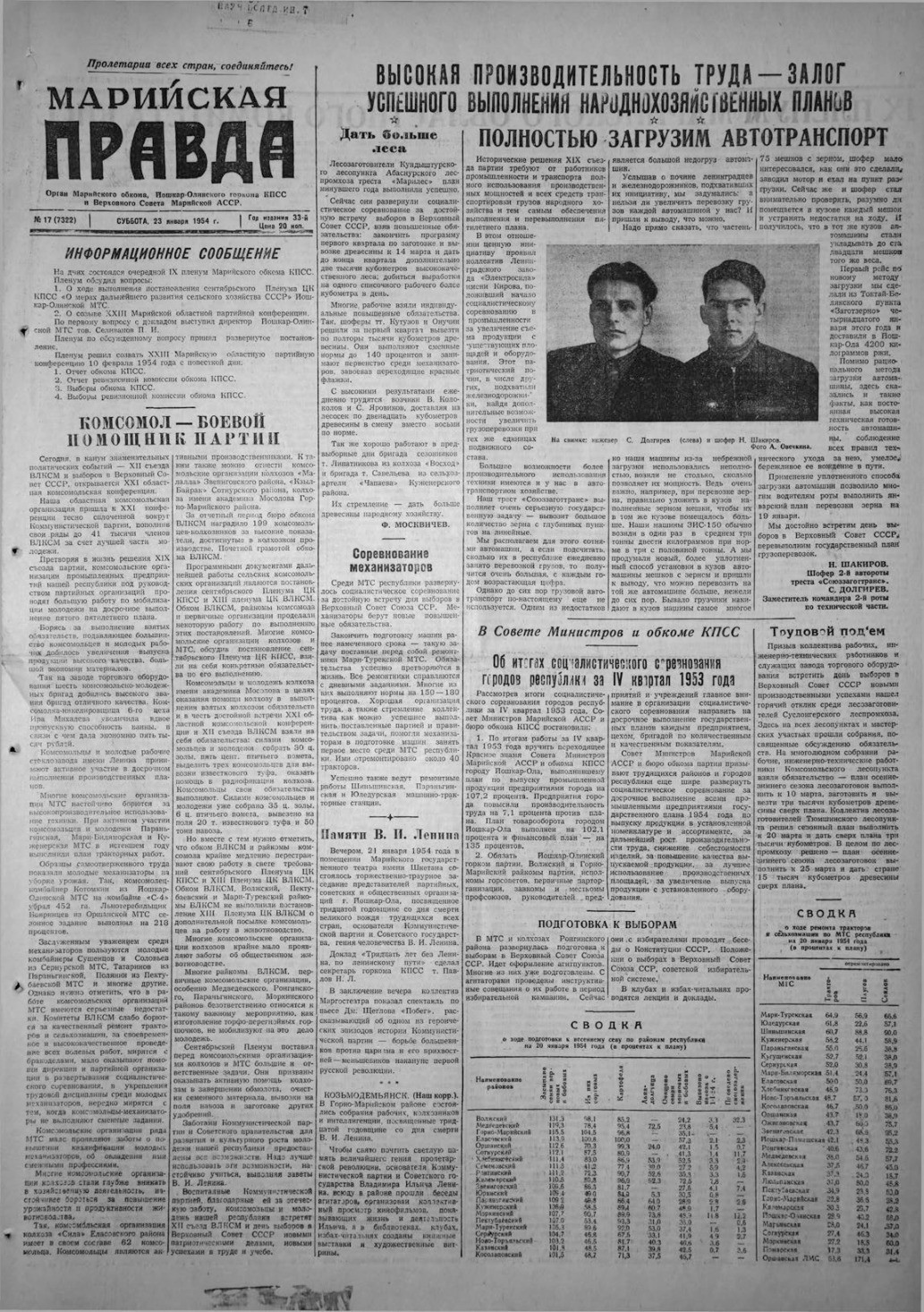 Газета «Марийская правда» от 23.01.1954