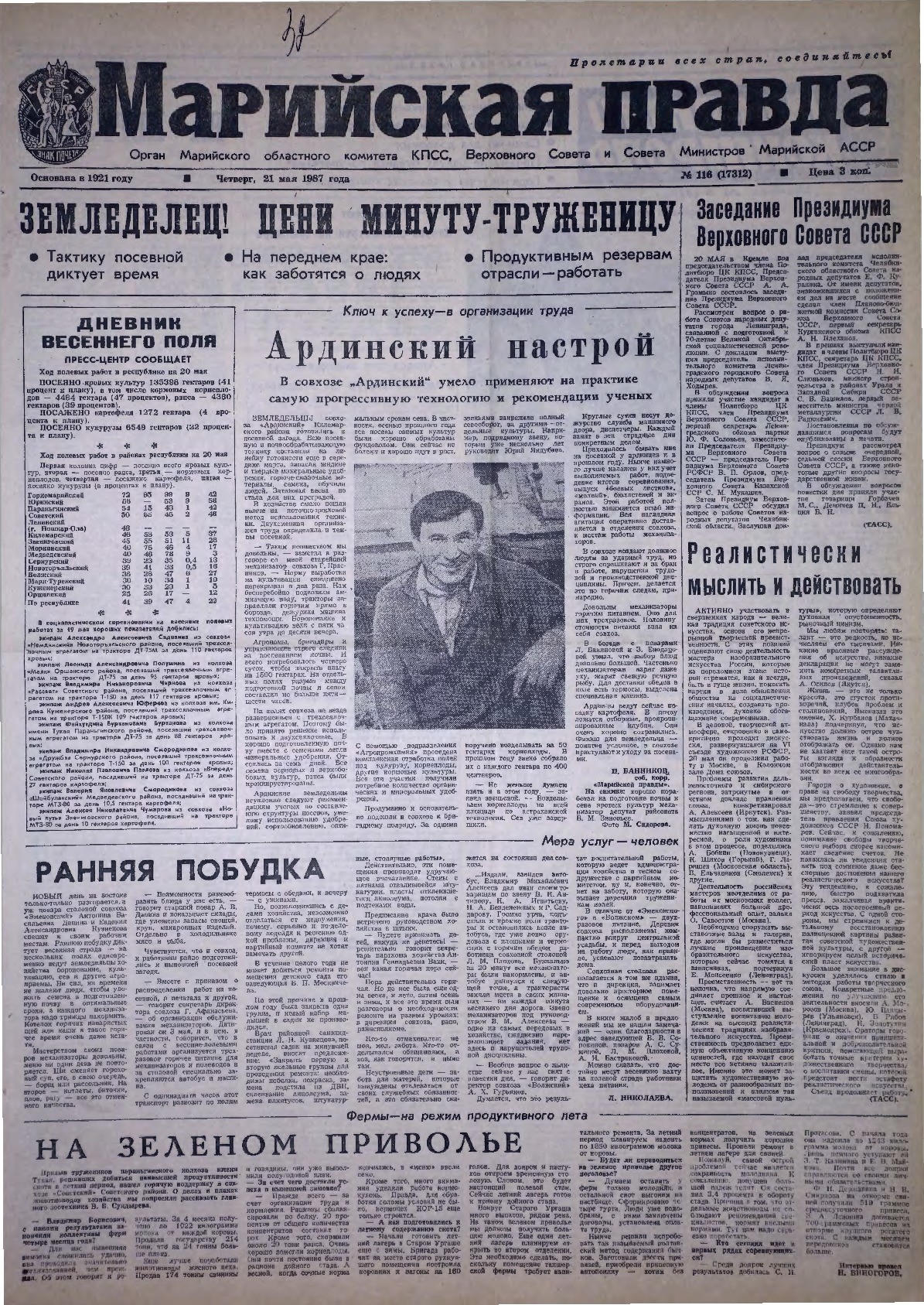 Газета «Марийская правда» от 21.05.1987