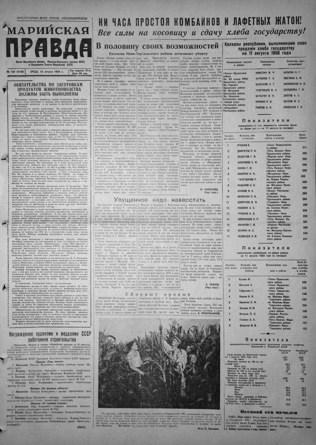 Газета «Марийская правда» от 13.08.1958