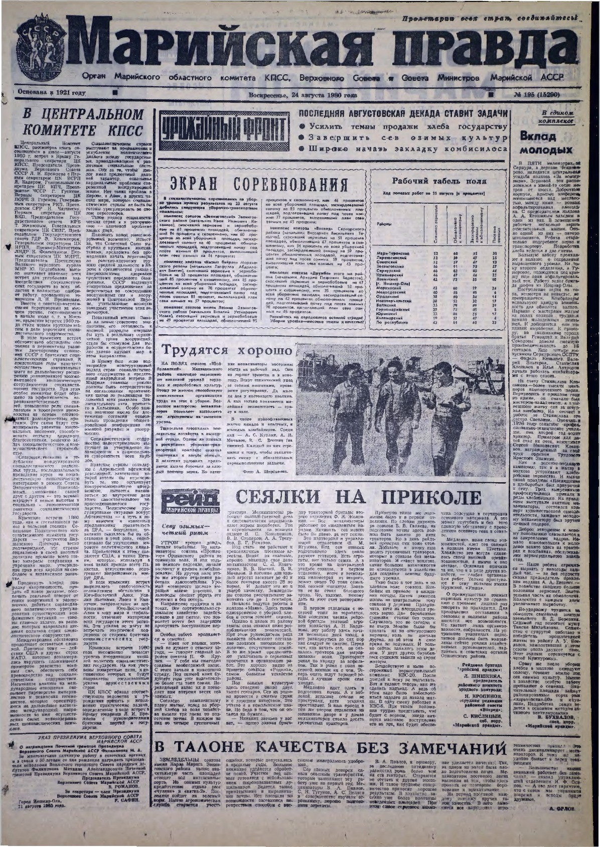 Газета «Марийская правда» от 24.08.1980