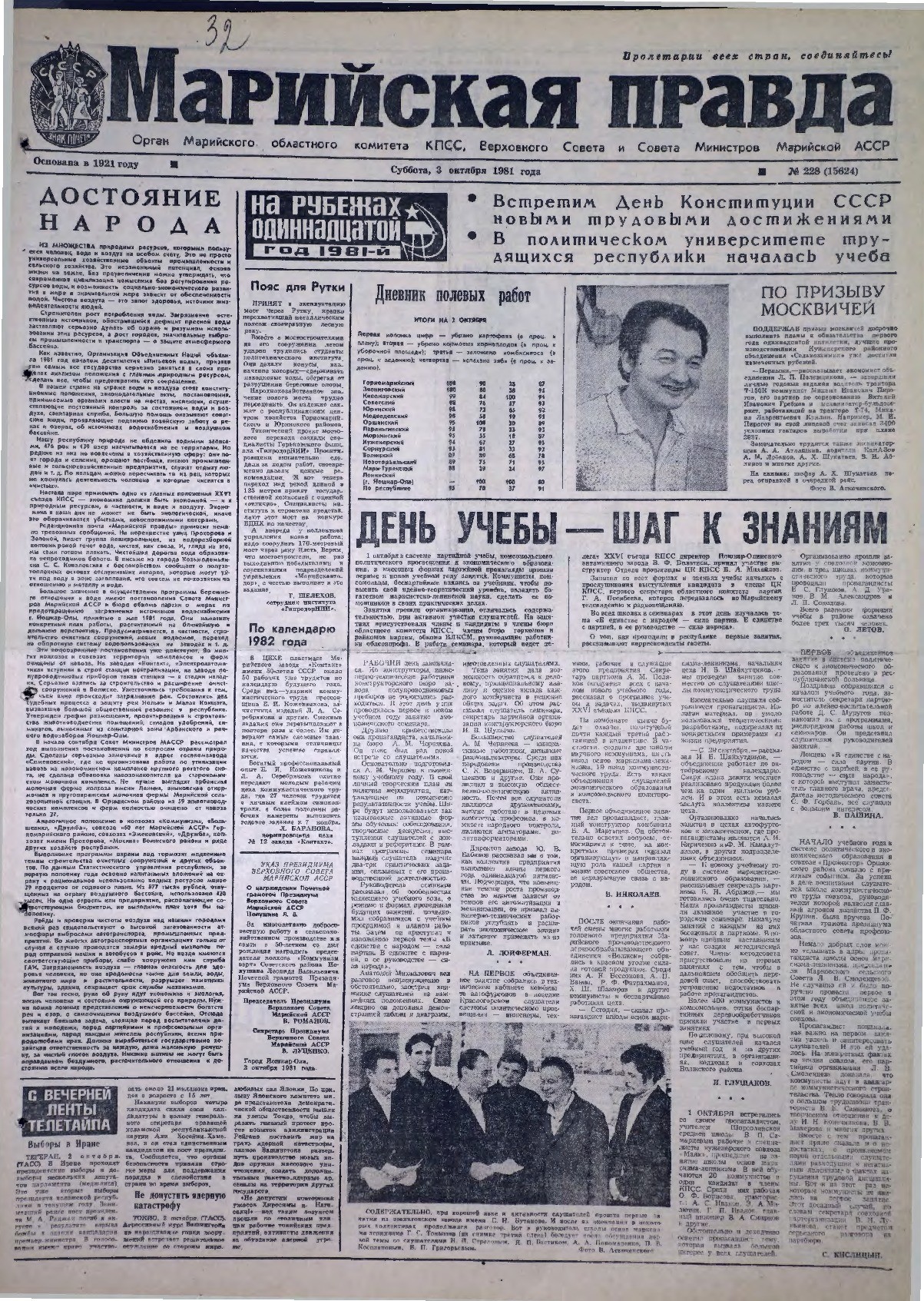 Газета «Марийская правда» от 03.10.1981