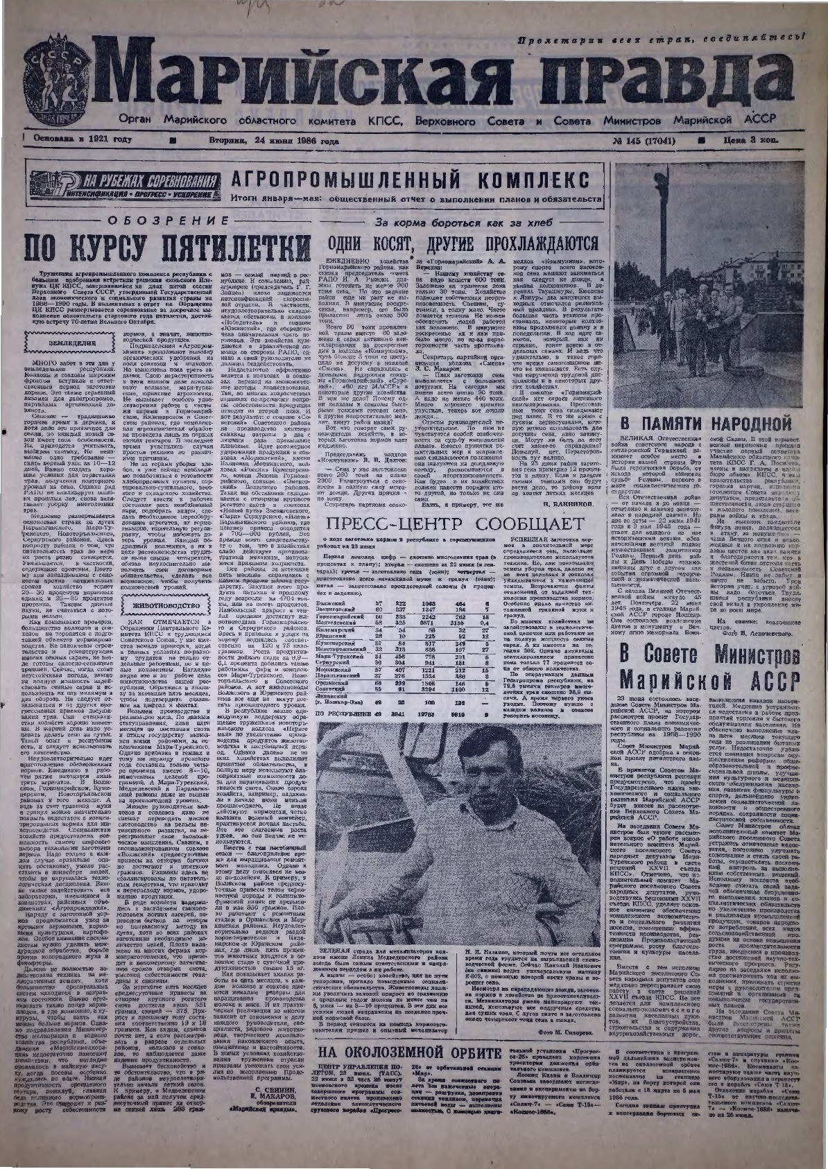 Газета «Марийская правда» от 24.06.1986