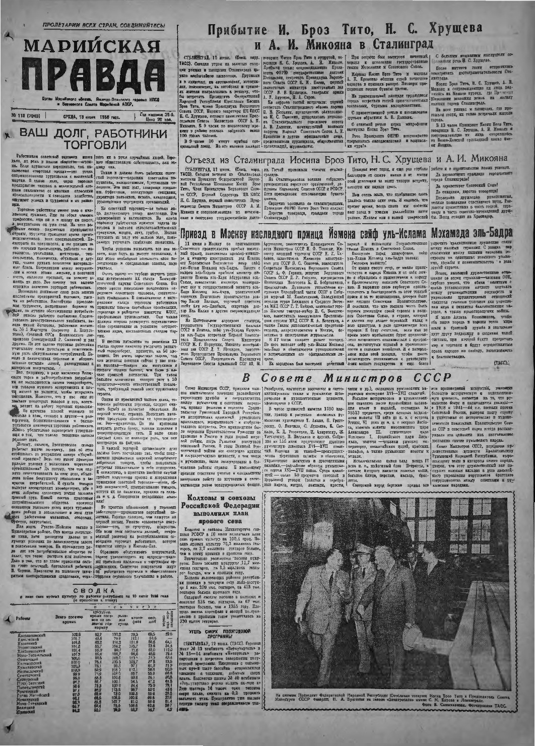 Газета «Марийская правда» от 13.06.1956