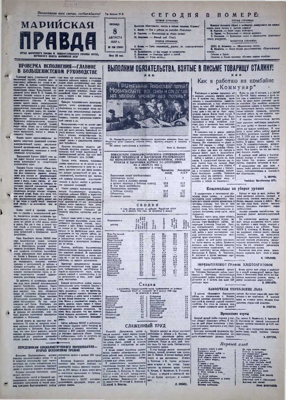 Газета «Марийская правда» от 08.08.1952