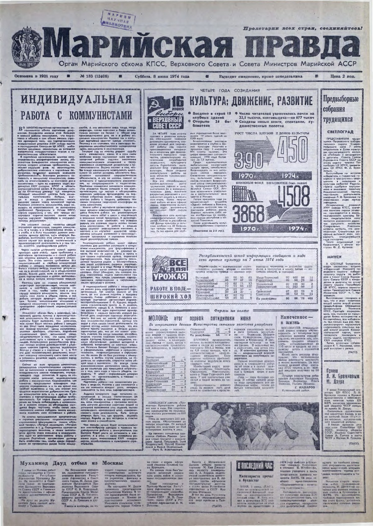 Газета «Марийская правда» от 08.06.1974