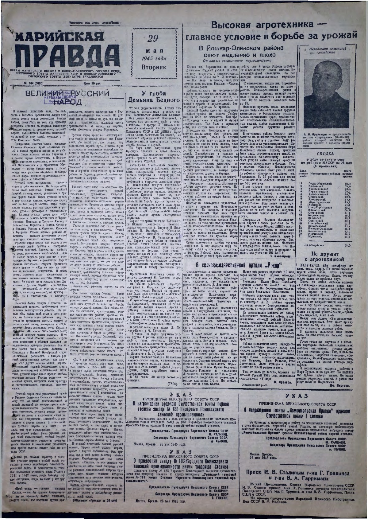Газета «Марийская правда» от 29.05.1945