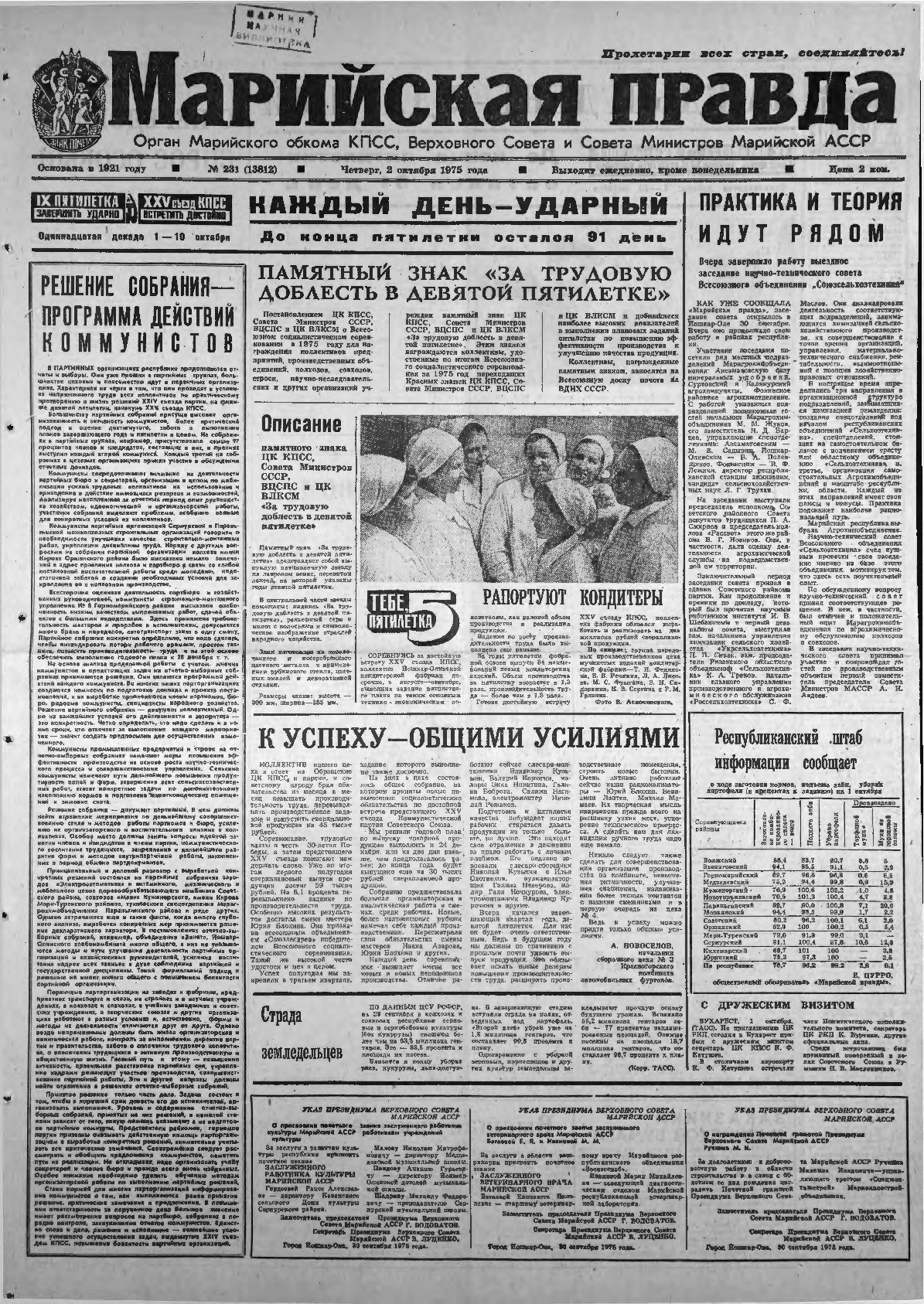 Газета «Марийская правда» от 02.10.1975